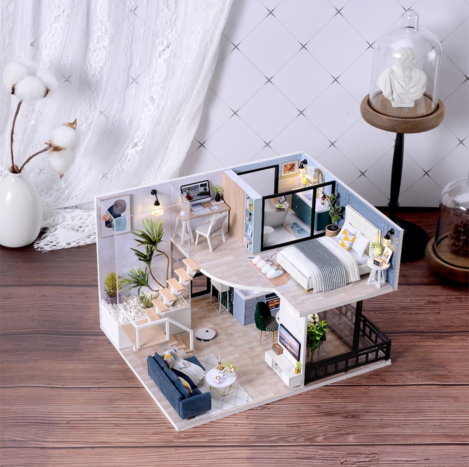 Hallisun DIY Miniature House Kit, Tiny 3D Wooden Duplex Apartment, Mini Dollhouse Building Kit with LED, Dustproof Cover & Music Movement, Creative Craft for Adults, Gift for Family & Friends