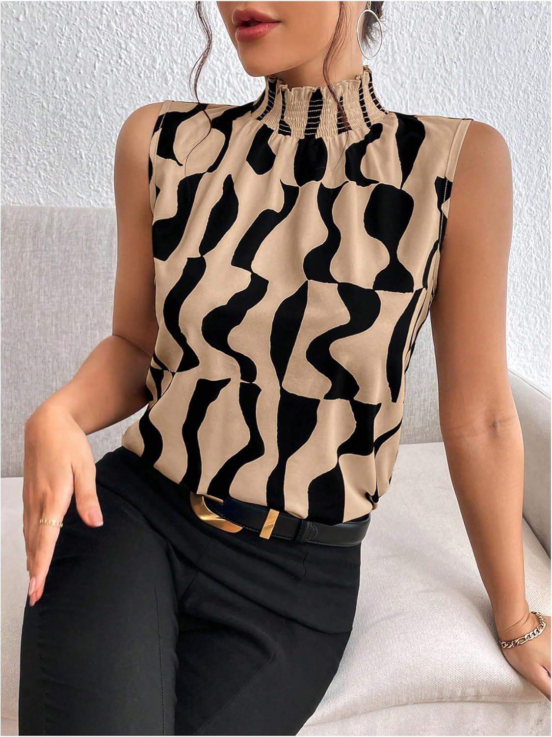 Floerns Women's Geo Print Sleeveless Vest Frill Trim Mock Neck Elegant Blouse Tops - Image 6