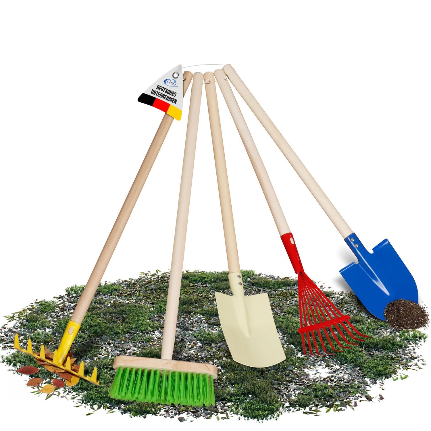 Coemo Juego de herramientas de jardín para niños, juego de 5 piezas para niños, pala, escoba, rastrillo, rastrillo, pala y escoba de hojas, para niñas y niños a partir de 3 años, para jardín, arenero