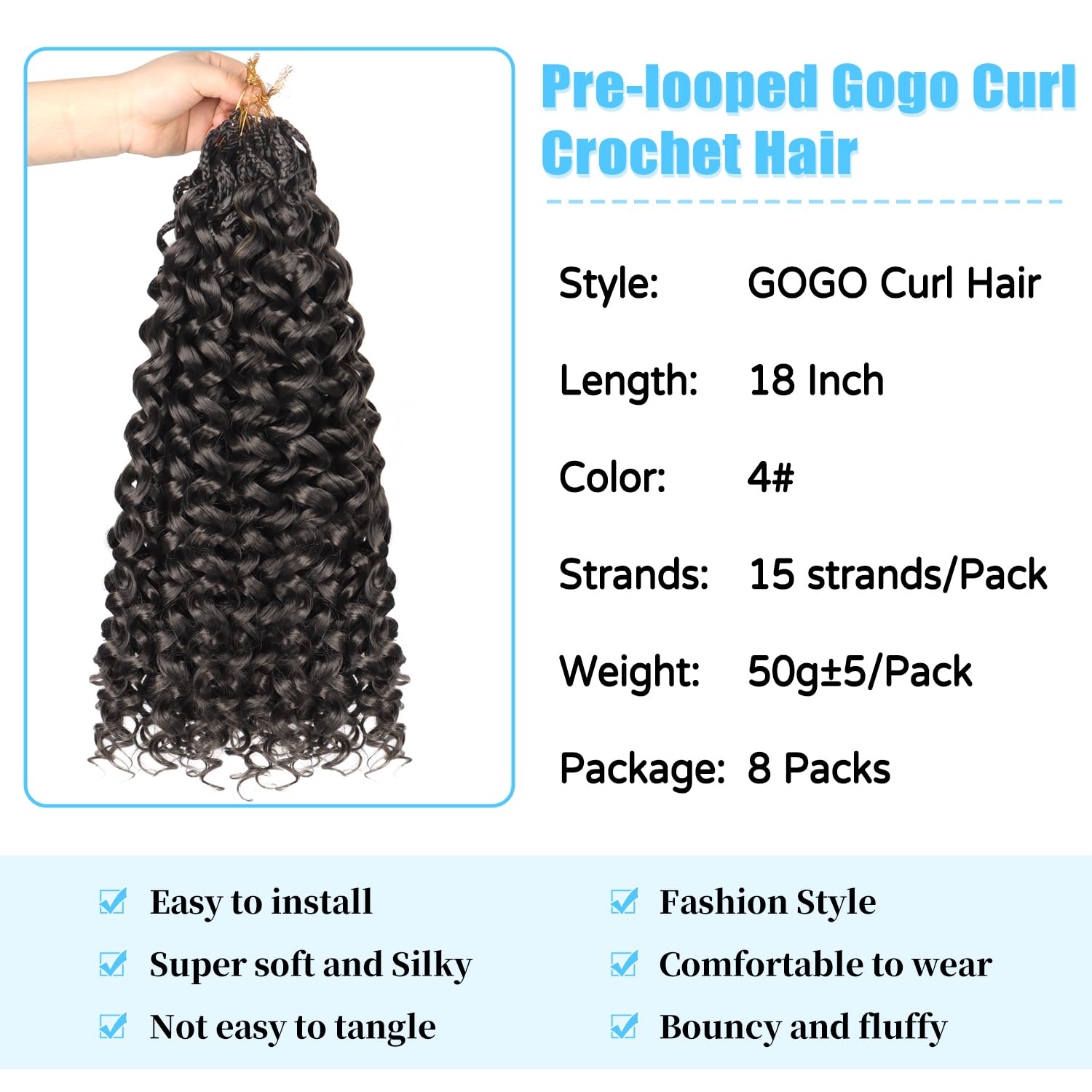 Ainimiu Pre-Looped Gogo Curl Crochet Hair 18 Inch 8 Packs Curly Crochet Hair for Black Women - Image 2