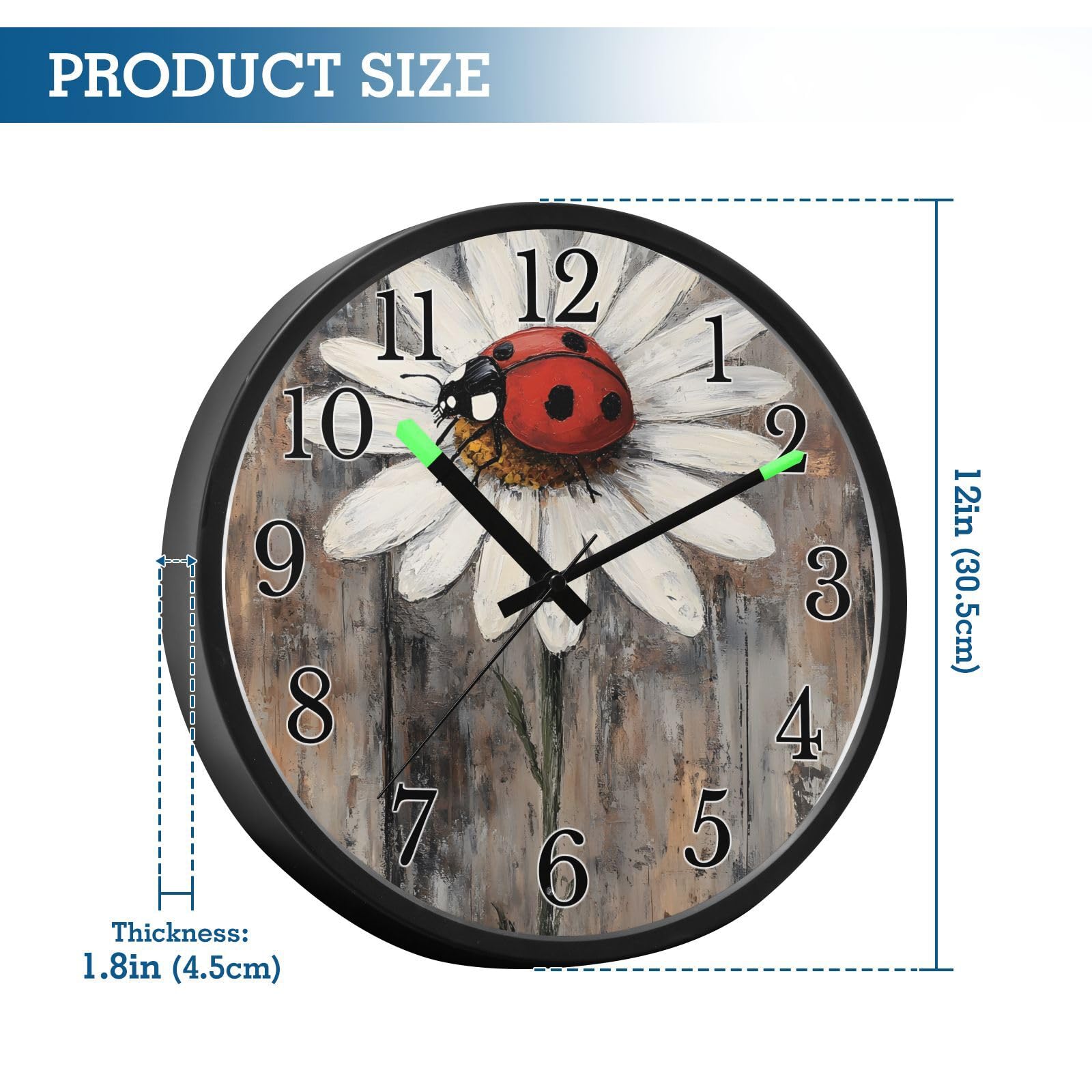 Mnsruu White Daisy - Reloj de pared de madera con diseño de mariquitas, funciona con pilas, silencioso, brilla en la oscuridad, para sala de estar, cocina, 30,5 cm