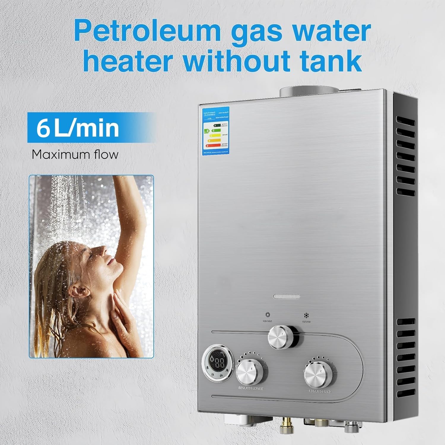 Chauffe-Eau à Gaz Instantané,6L au Butane Propane Chauffe Eau Gaz avec Modes Hiver et Eté,Protection Contre La Surchauffe,Couleur Argent,pour La Maison,ExtéRieur,Camping Car (6L)
