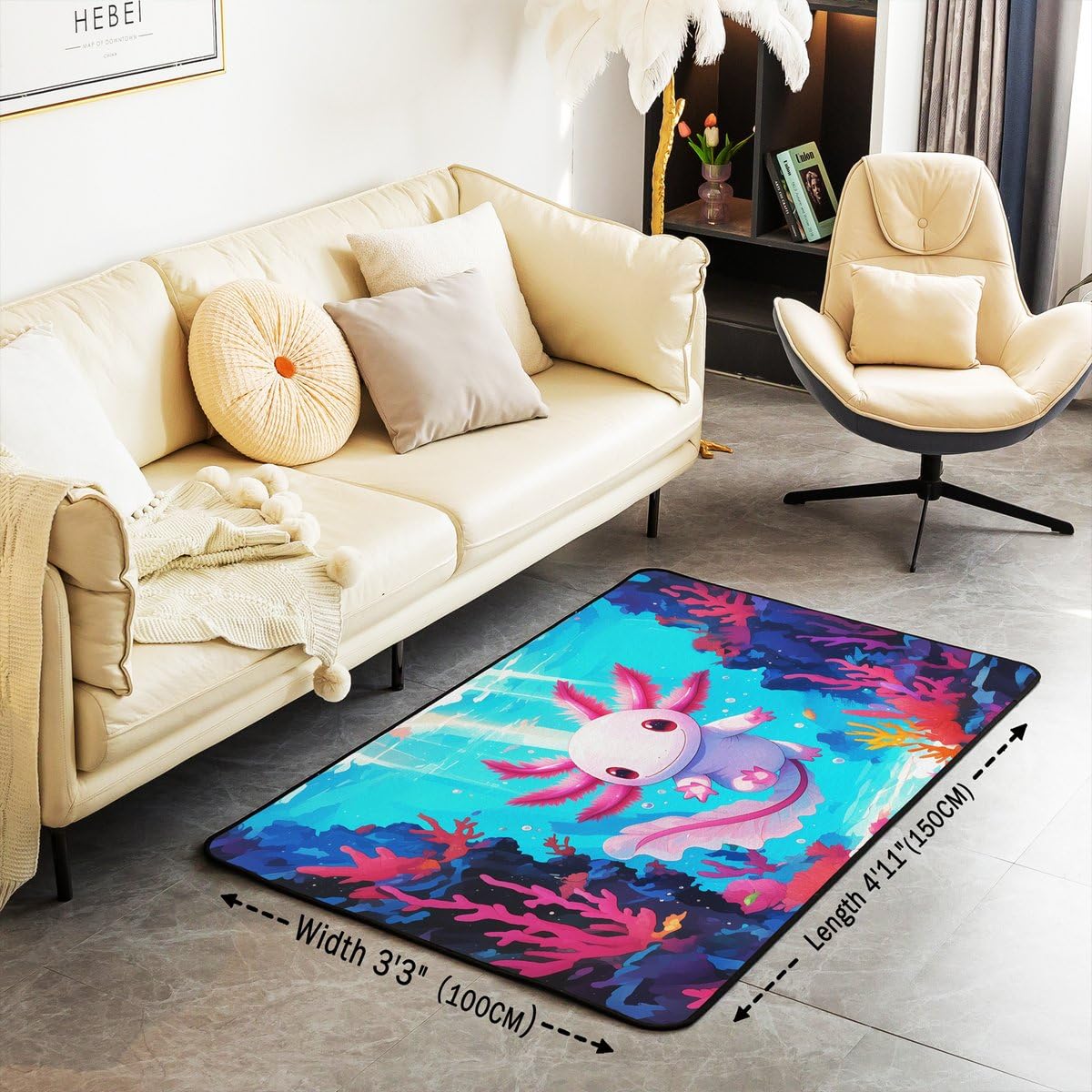 Homewish Ocean Axolotl dywanik, 100 x 150 cm, kreskówkowy salamandra, dywan do salonu, antypoślizgowy, uroczy dywan ze zwierzętami morskimi, do sypialni, kuchni, podwodnego świata, rafa koralowa