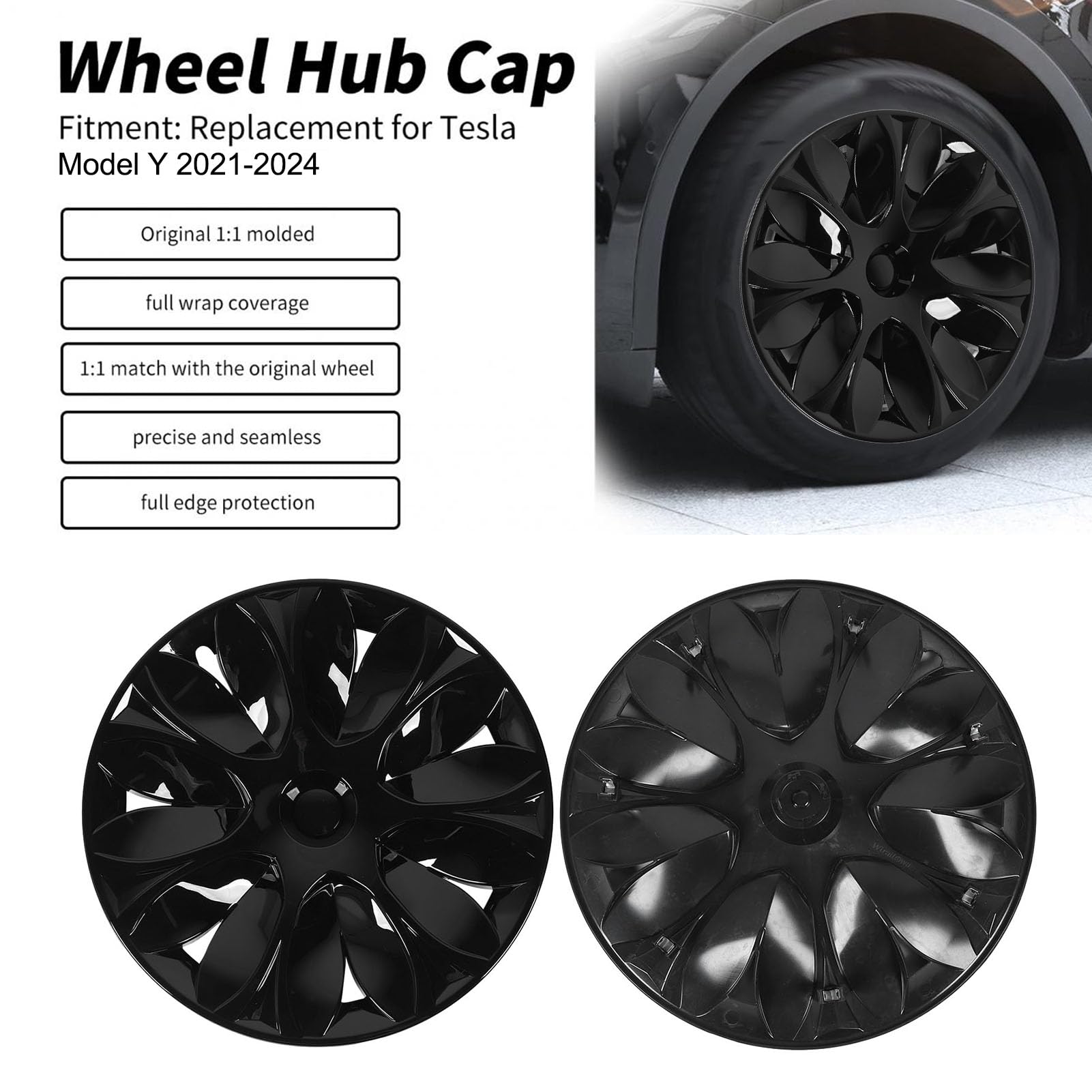 Model Y 2021-2024 pełne kołpaki kół ABS o wysokiej wytrzymałości, 4-częściowy zestaw, ochrona łatwa w instalacji, stylowe i trwałe wykończenie