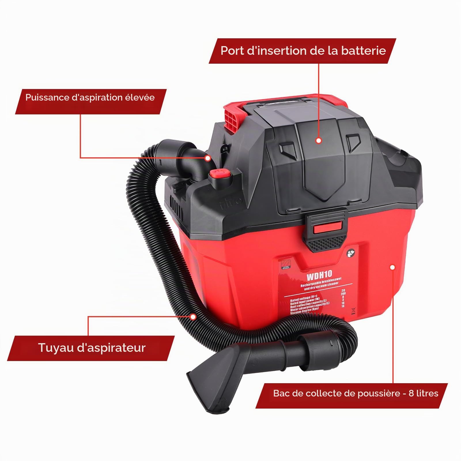Nexalite Aspirateur sans Fil Eau et poussière 200W, 16kPa | aspire liquide + poussière; batterie 4000mAh; grand réservoir; pour maison, garage, voiture, atelier; filtre lavable