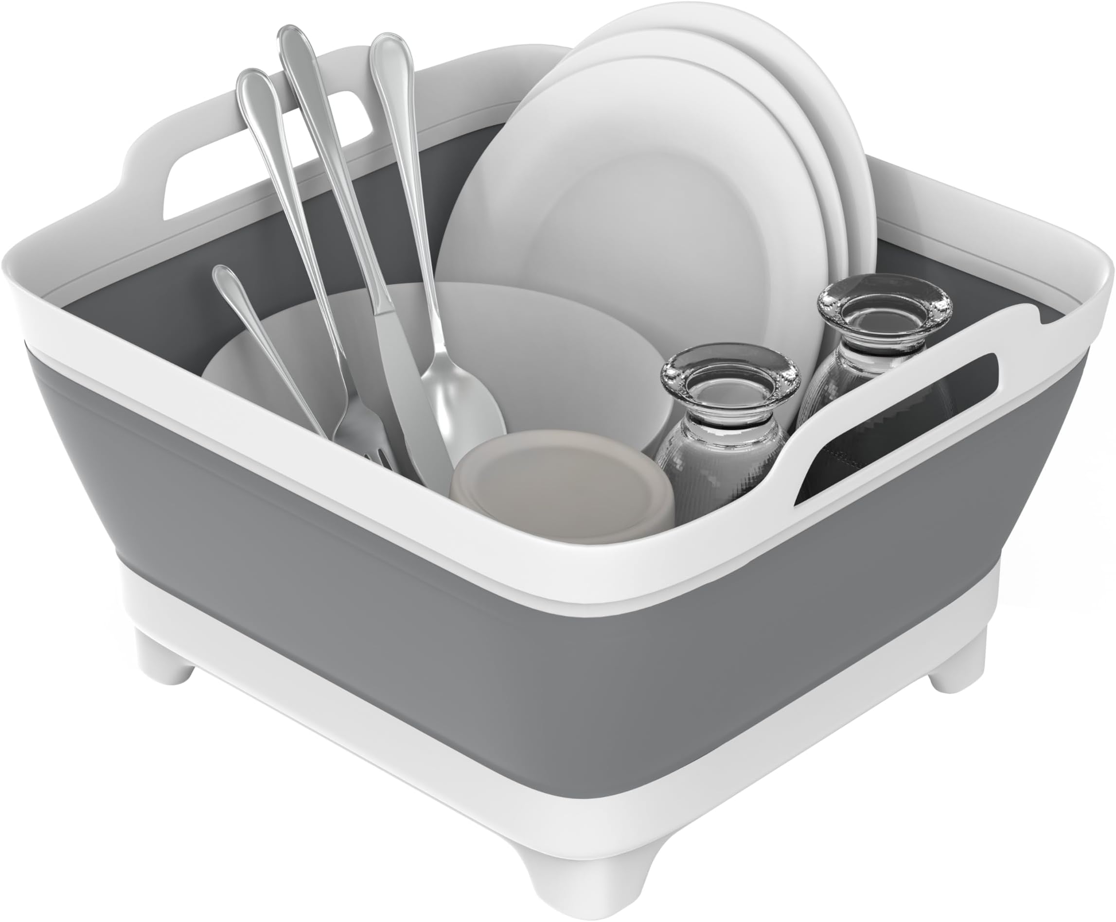 Dishpan, 9L Collapsible Washing Basin (Gray, PP, TPR), Portable Dish Tub with Drain Plug, Space-Saving Drying Rack for Kitchen, Camping, Laundry use