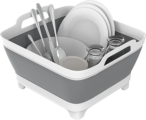 Lavabo plegable de 9L (gris, PP, TPR), tina portátil con tapón de drenaje, estante de secado que ahorra espacio para cocina, campamento, lavandería