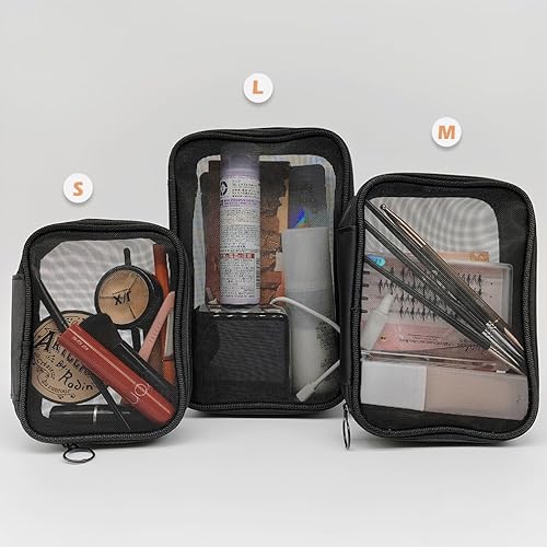 Miniatura 5 de Bolsa de maquillaje, bolsa de aseo ligera para viajes, bolsa de maquillaje compacta con cremallera, color negro, Malla Negra