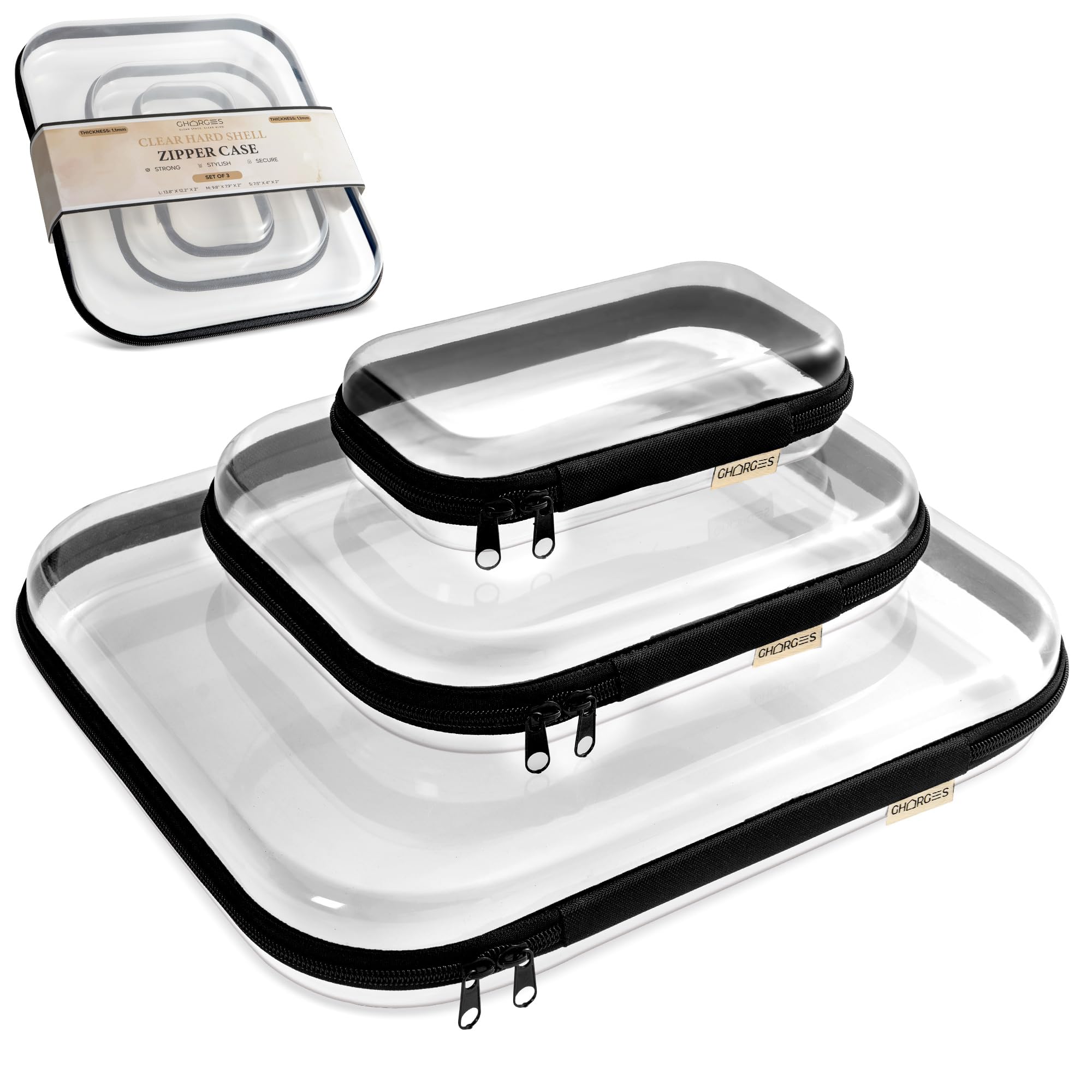 Gharges Clear Hard Shell Zipper Case 1.1mm Set S+M+L, Premium Plastic Hardshell Pouches and Storage Boxes for Clothes, Toys, Makeup, Toiletry & Travel