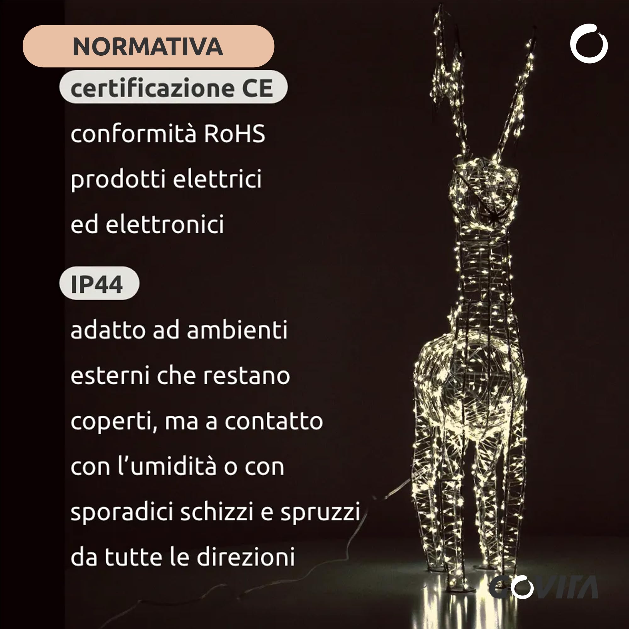 GOVITA Renna Natalizia Luminosa 3D con MicroLED, Struttura in Acciaio Zincato, Impermeabile per Esterno/Interno, Luce Bianco Caldo, Addobbo Natale per Giardino e Casa, Modello Senza Slitta
