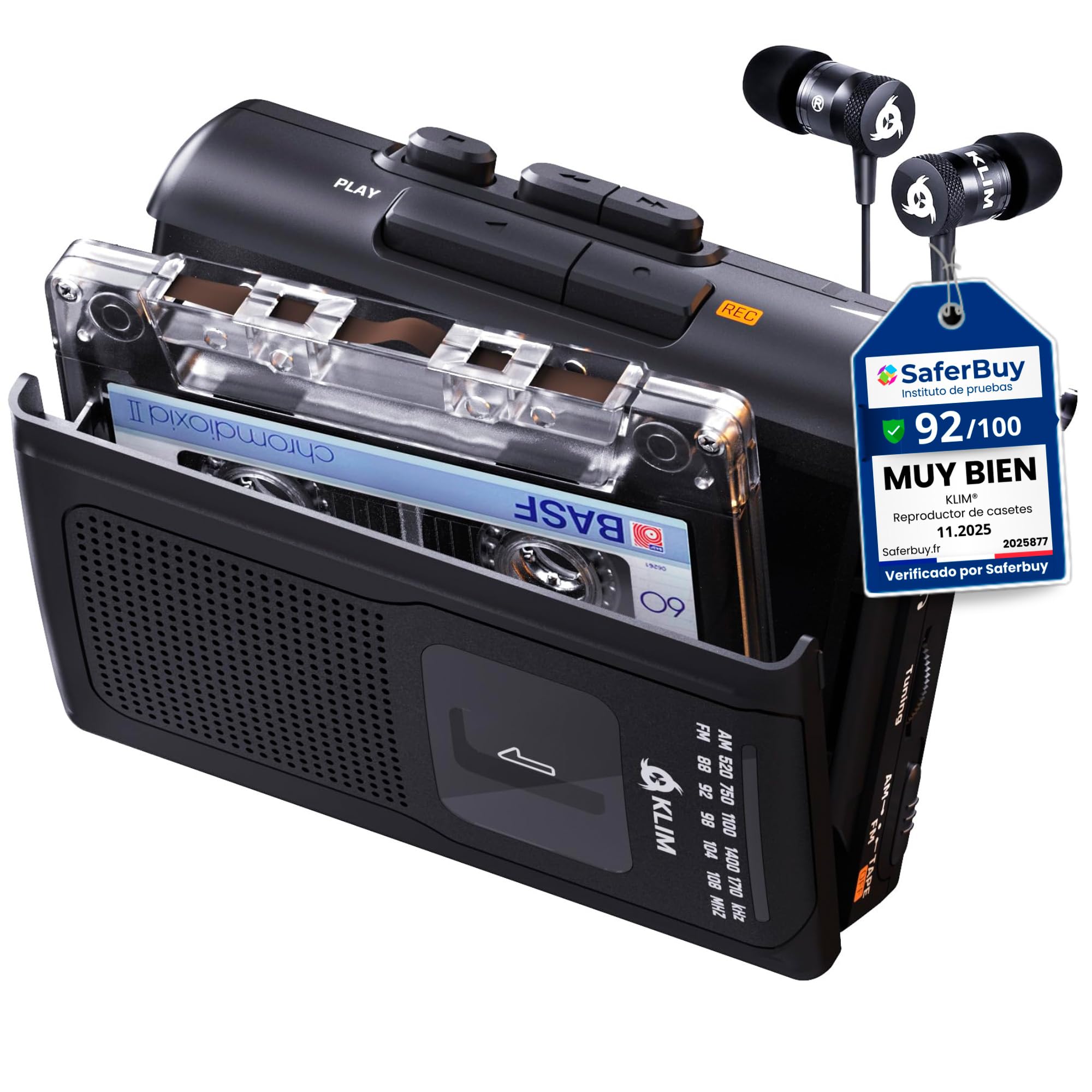KLIM K8 Reproductor Cassette - Nueva versión - Cassette Player - Am/FM Radio - Micrófono y Altavoz Integrados - Conector para Auriculares y Auriculares - Negro