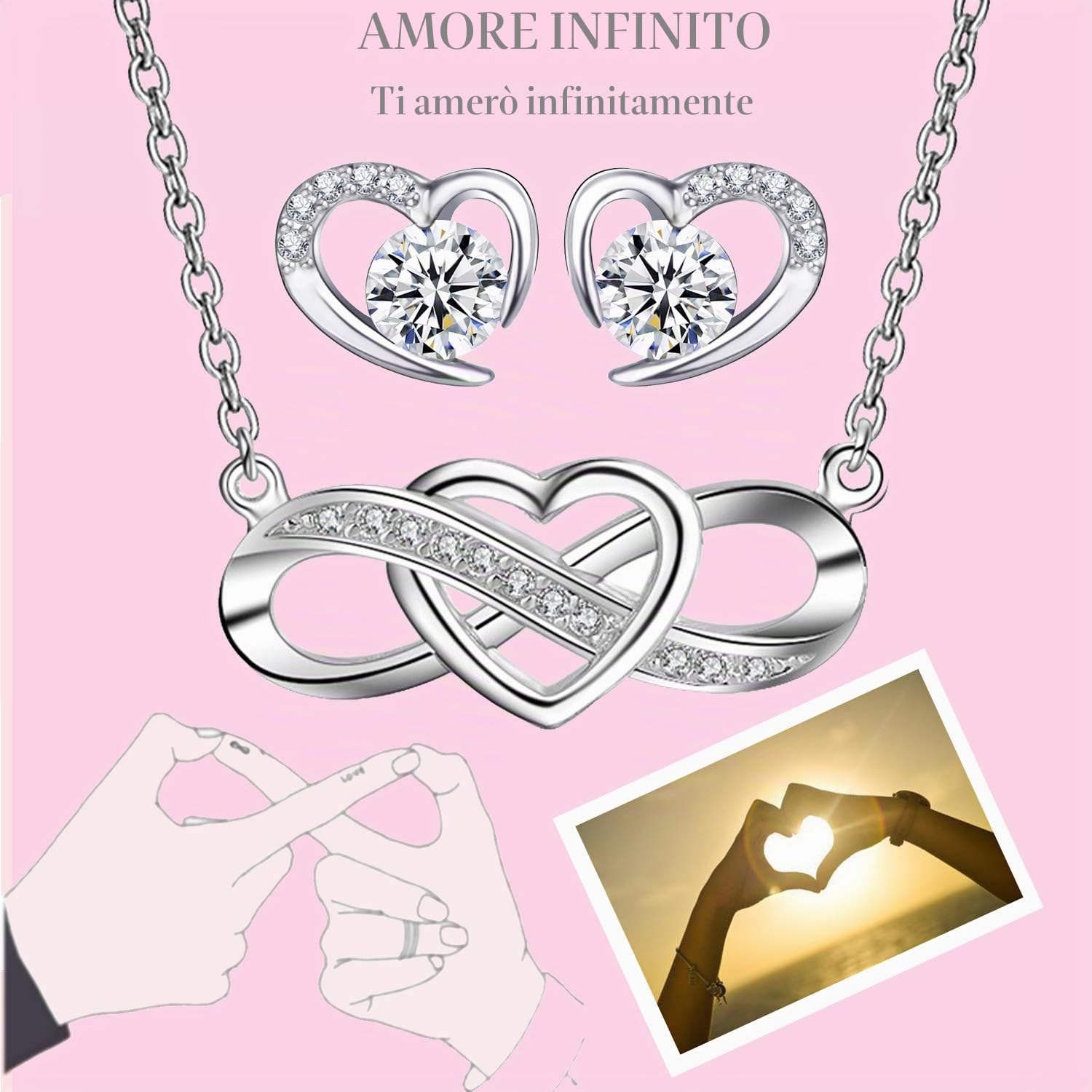 Parure Gioielli per Donna Ragazze, Argento 925, Collana e Orecchini Set Infinito Cuore, Regalo Natale Compleanno Festa Della Mamma