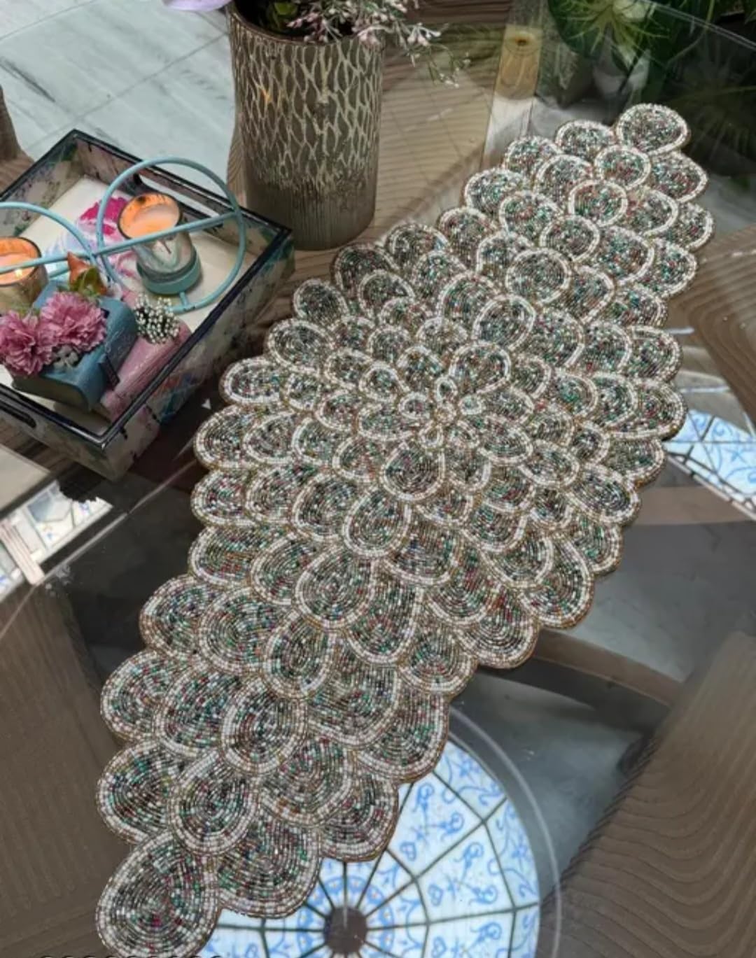 Handcrafted Beaded Table Runner, Floral Scalloped Design, Multicolor, Decorative Home Decor