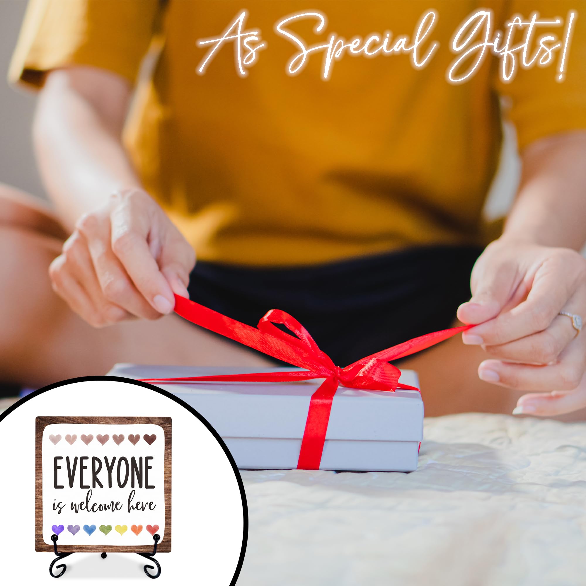 Decorazione in legno ispiratrice da 10,2 cm, con scritta in lingua inglese "Everyone Is Welcome Here", targa in legno con 1 supporto in metallo, decorazione rustica da scrivania per casa, ufficio,