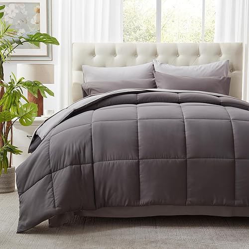 Miniatura 2 de Juego de edredón Queen de 7 piezas reversible en una bolsa, juego de edredón gris y sábanas para todas las estaciones, juegos de ropa de cama suave