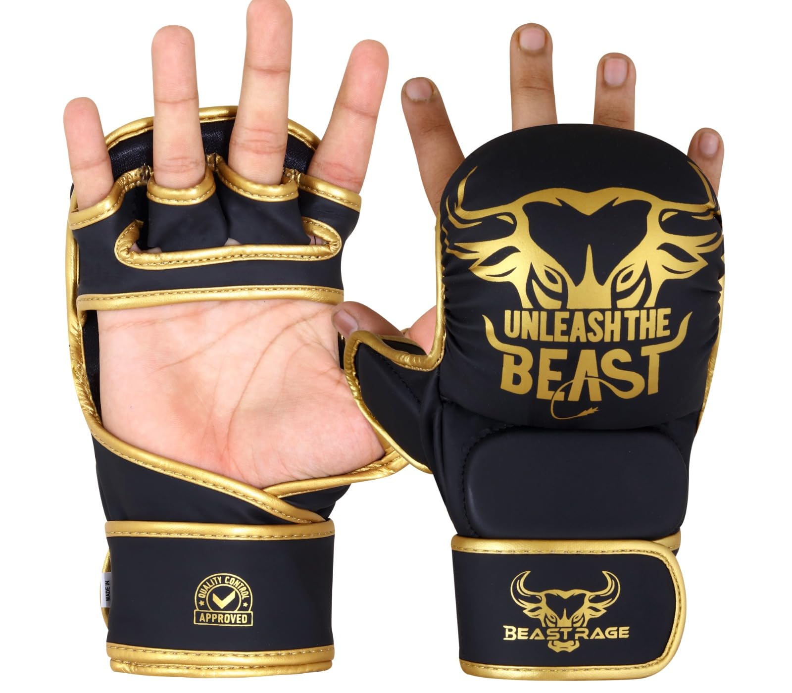 BEAST RAGE Guanti da MMA con Supporto per Polso Regolabile e Palmo Aperto per Arti Marziali, Grappling, Sparring, Muay Thai, Combattimento, Taekwondo, Kickboxing, Boxe, Allenamento