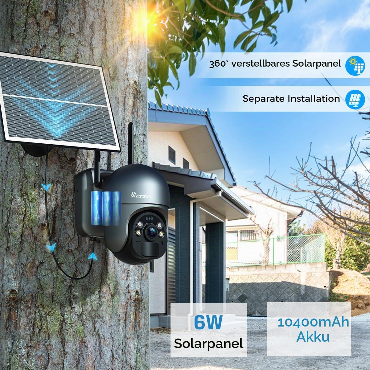 Ctronics 4MP 4G Überwachungskamera Aussen Solar, 10400 mAh Akku & 6W Solarpanel, 2.5K QHD 30 m Farb-Nachtsicht, PC/App, Licht- & Tonalarm, FTP, Cloud/128GB TF, 2-Wege Audio, IP66