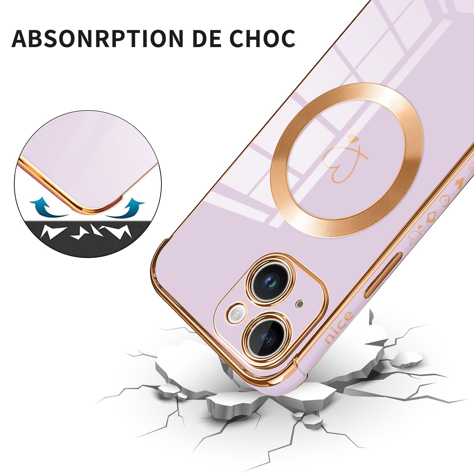 Pnakqil Cover Magnetica Per IPhone 13 Pro Max Con Cuori, Bordo Oro, Compatibile MagSafe, Silicone Nero - 5