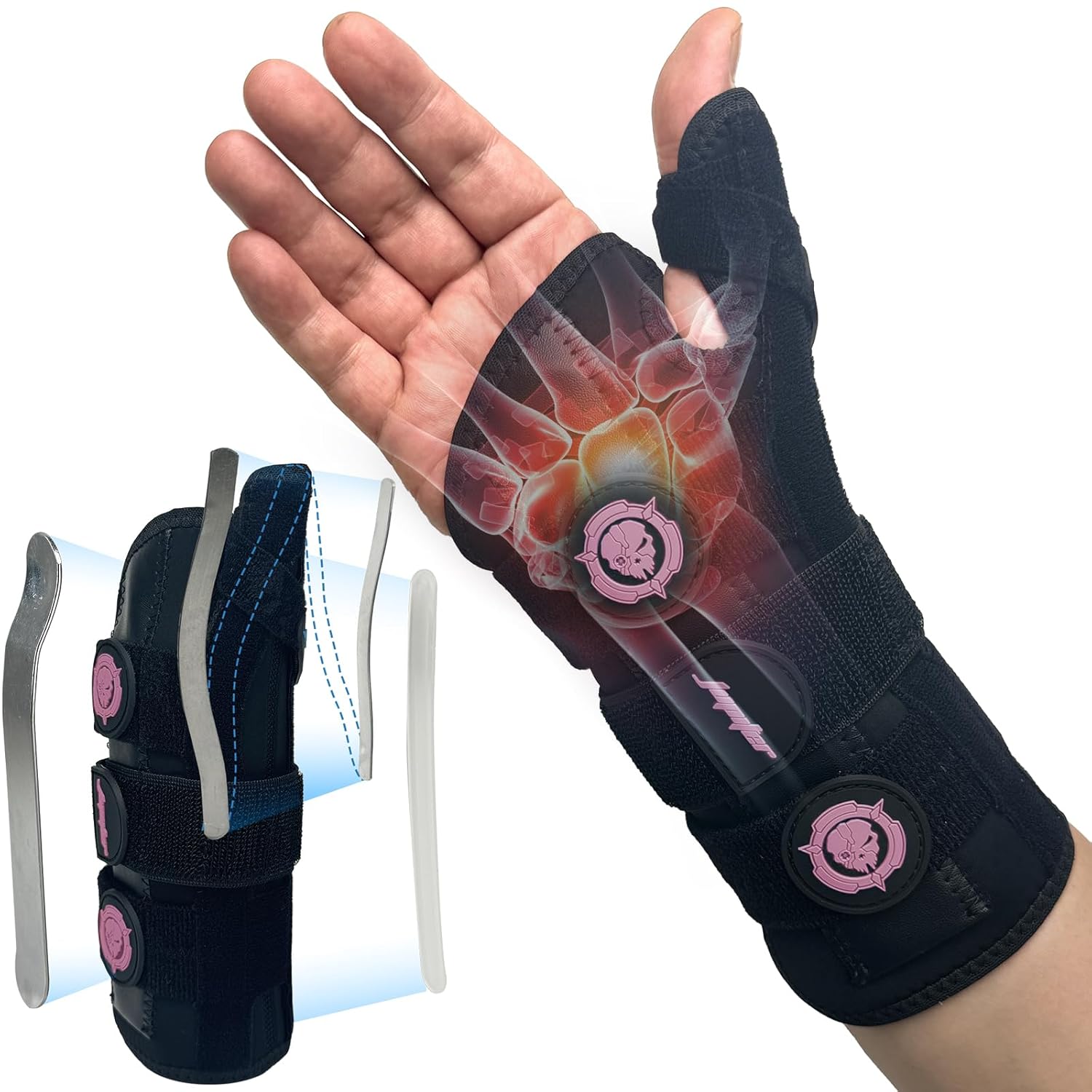 JUPITER Carpal Tunnel Wrist Brace, Day & Night Support, Thumb Spica Splint for Right Hand, Ideal for De Quervains Tenosynovitis, Tendonitis, Wrist Brace With Thumb Support - Small/Medium - Women & Men,Black-Pink