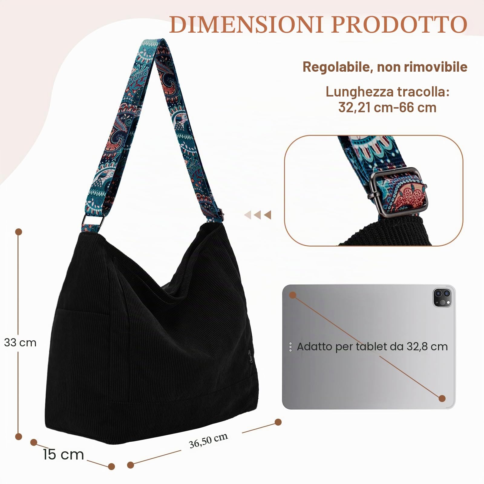 Chase Chic Borsa a Tracolla Donna, Casual Borsette Spalla Donna Velluto a Coste Grande Hobo Shopper Bag per Università Viaggi