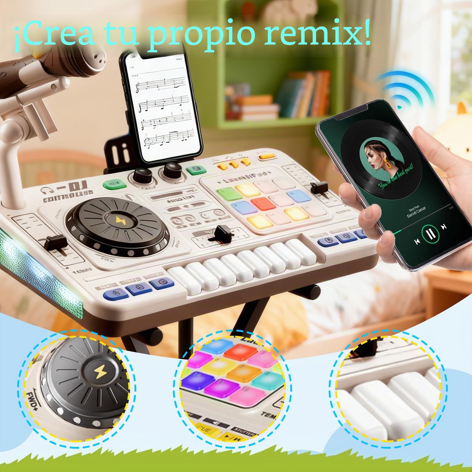 Mesa de mezclas DJ para niños de 3 a 12 años, Mezclador DJ para niños con micrófono, Luces, 100+ Sonidos DJ Mixer controlador Regalo Educativo para Niñas Recargable USB, Bluetooth
