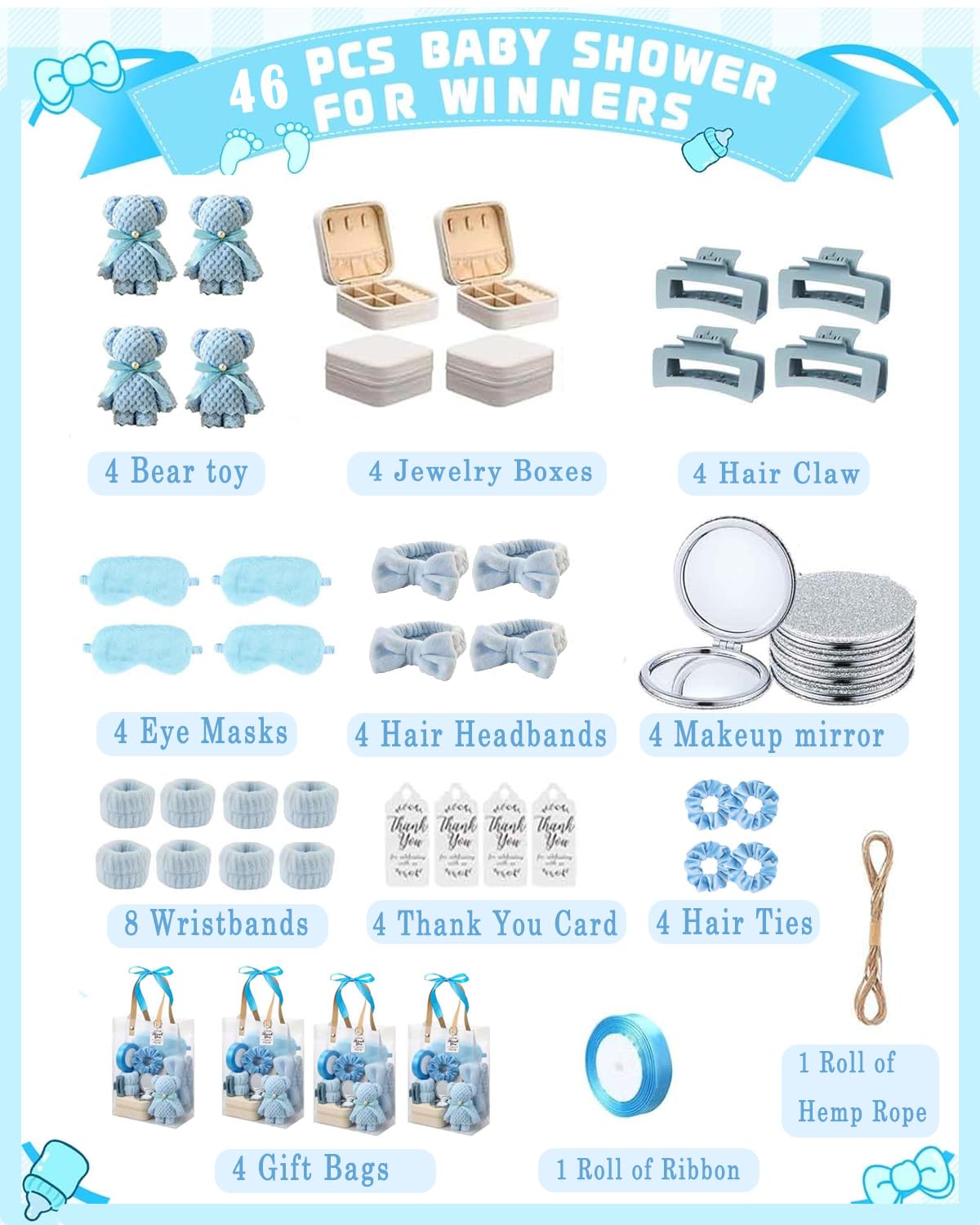 4 Sets, 46-teiliges Babyparty-Spiel-Gewinner-Preis & Dankeschön-Geschenke für Gäste, Brautparty-Gastgeschenke, Baby-Jungen- und Mädchen-Party-Sets für Frauen, Mütter