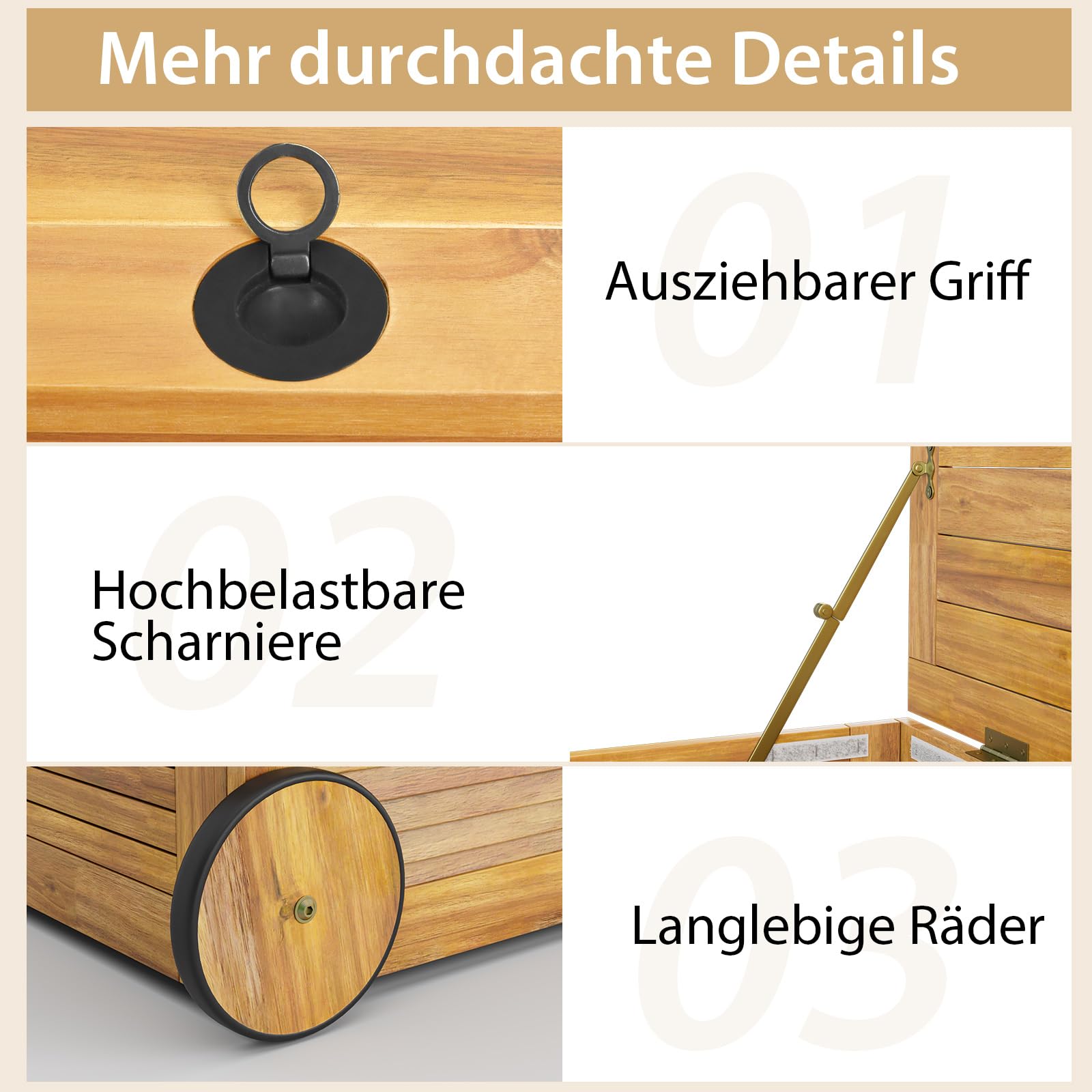 GOPLUS Gartenbox, 182L Aufbewahrungsbox aus Massivholz, Kissenbox mit Rollen, Griff & wasserdichtem Tasche aus PE, Auflagenbox Outdoor für Sitzauflagen, Gartengeräte & Spielzeug, 127x50x45 cm, Natur