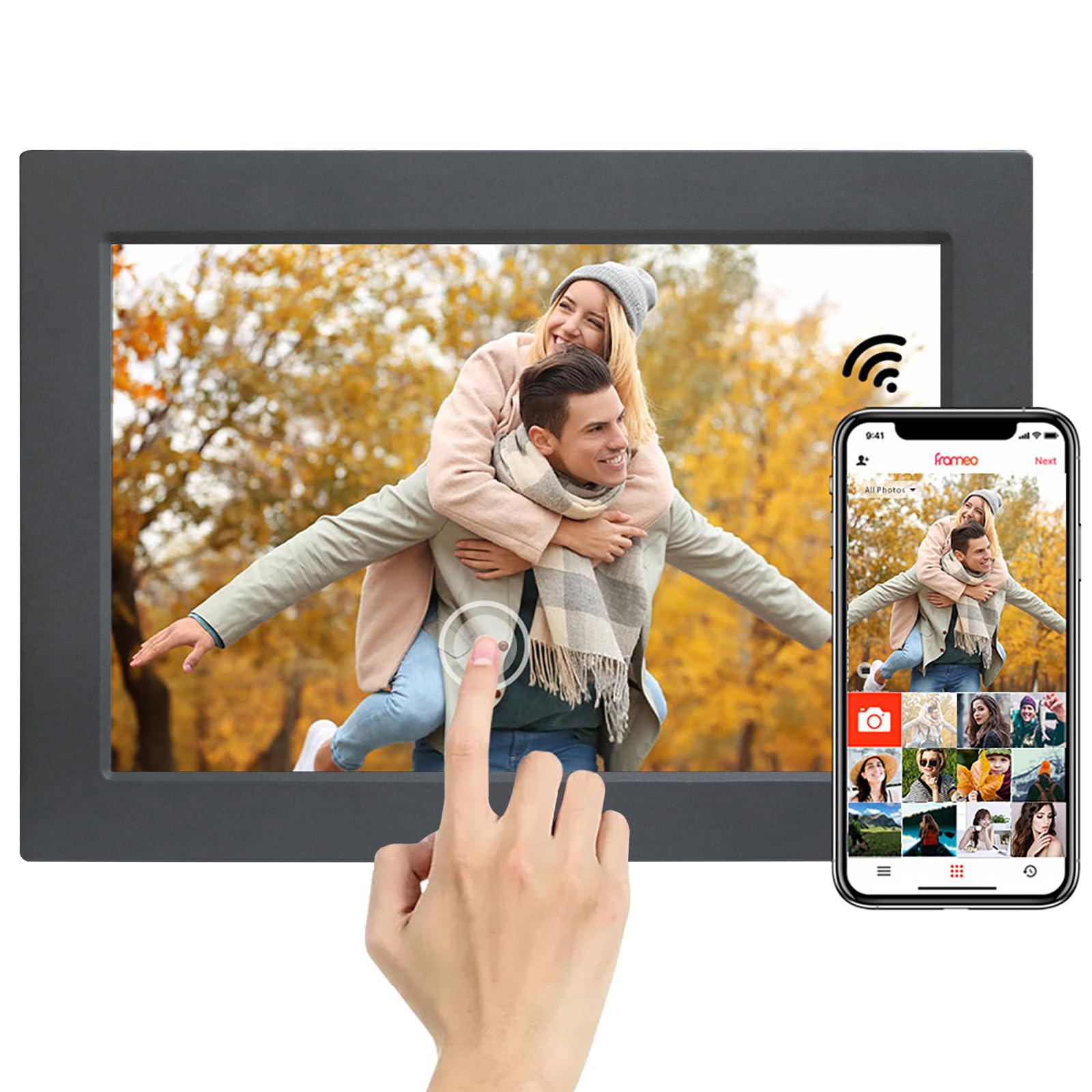 Frameo - Cornice digitale Wi-Fi da 10,1 pollici, 1920 x 1200 HD, touch screen con memoria da 16 GB, rotazione automatica, condivisione di foto e video istantaneamente, montaggio a parete