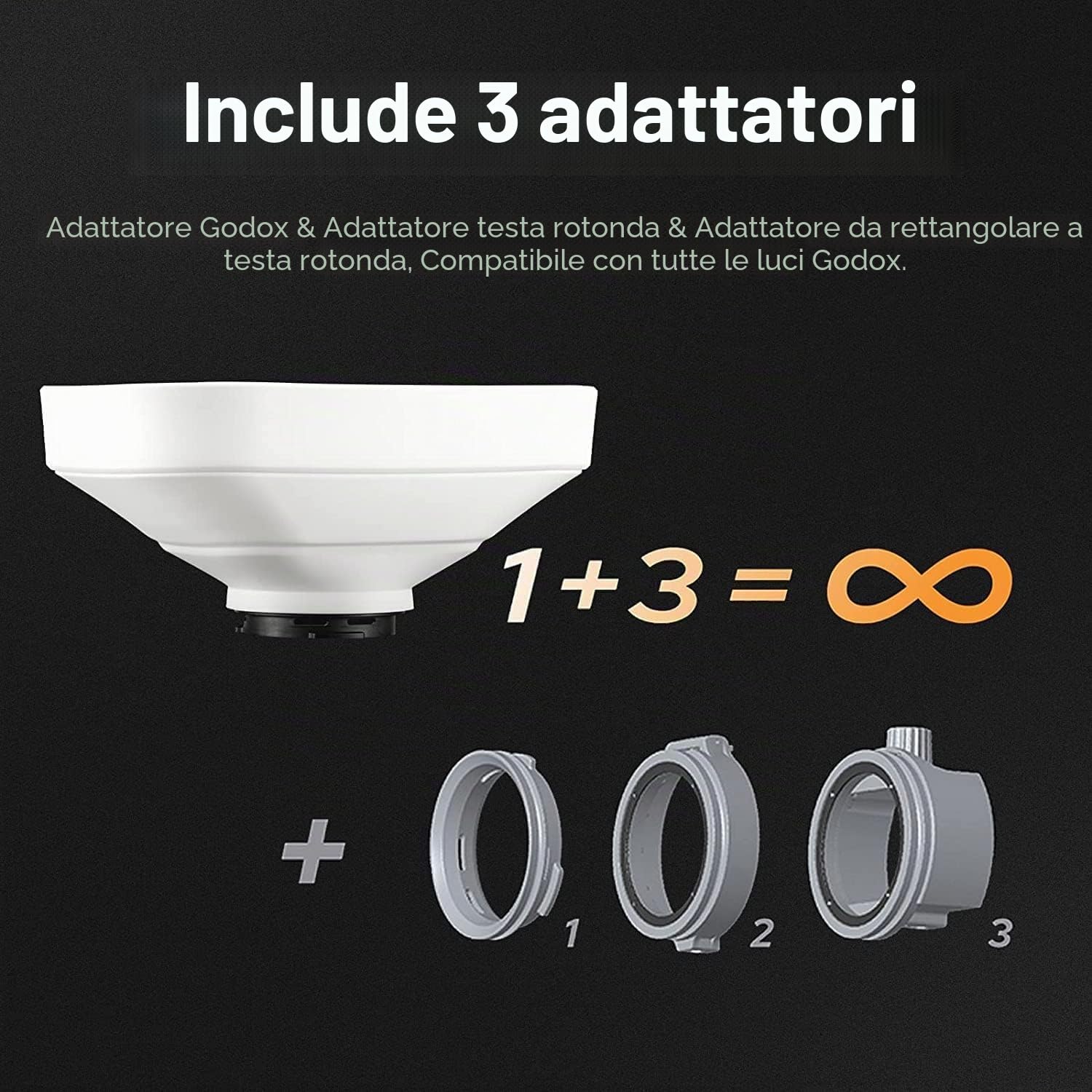 Godox ML-CS1625 Soft Tent Kit con 3 Adattatori, compatibile con Godox V100, V1 Pro, AD200Pro II, AD100Pro, AD300Pro, AD400Pro, V860III, ML30, ML30Bi, ML100Bi, ML100R, ML60Bi, ML60IIBi e altro