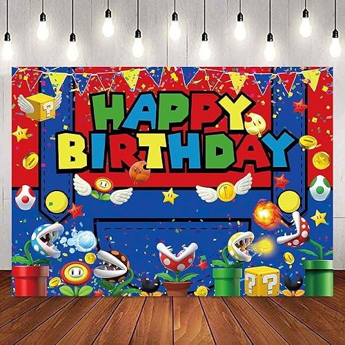 Miniatura 5 de Fondo de cumpleaños de Adventure Brothers de 7 x 5 pies, súper juego, moneda dorada, pregunta de dibujos animados, fondo de cumpleaños rojo,