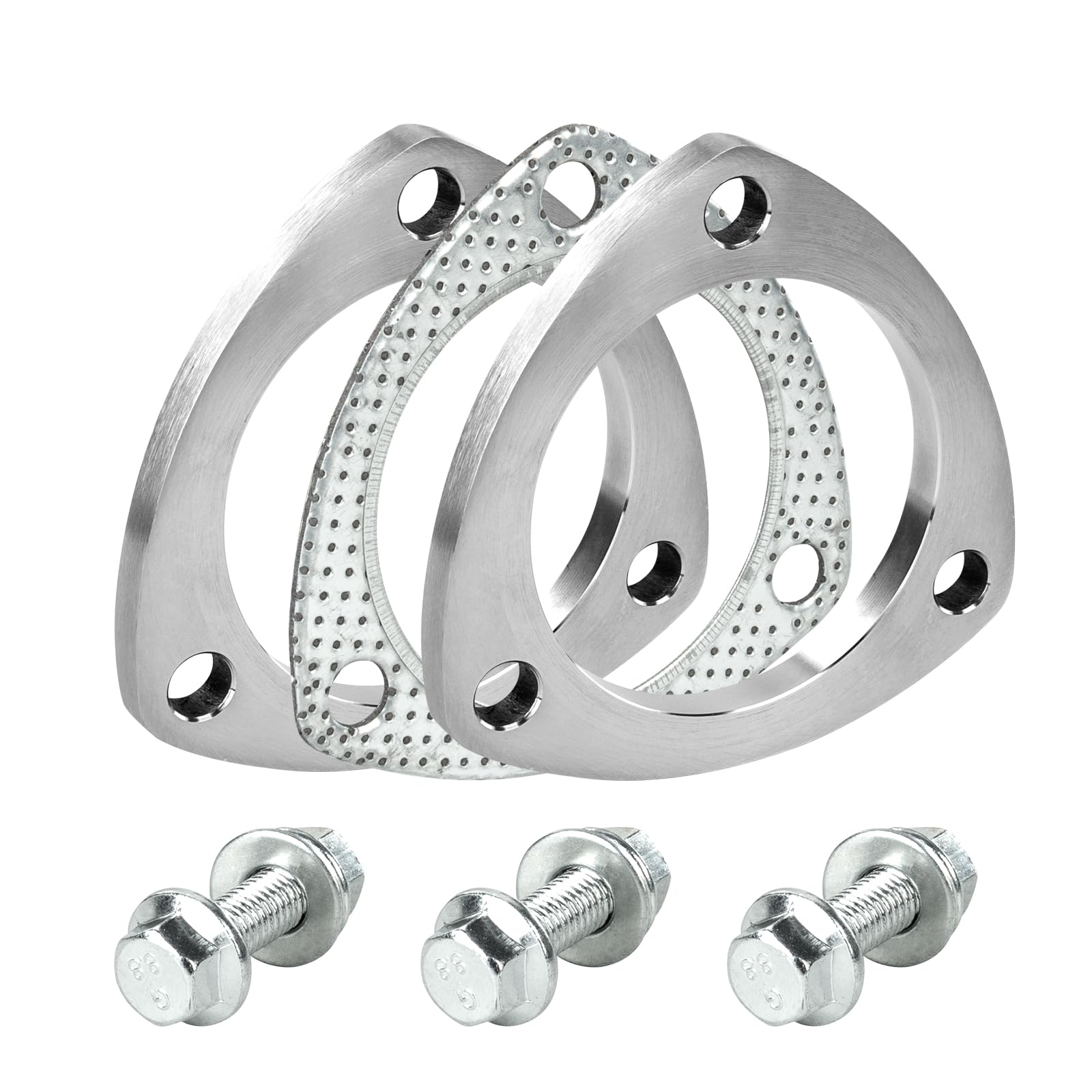 Kit Bride Échappement 76mm (3") Inox - 2 Brides + Joint | 6 écrous hexagonaux & 6 rondelles. Inox résistant rouille/chaleur. Pour turbo, intercooler & catalyseur.