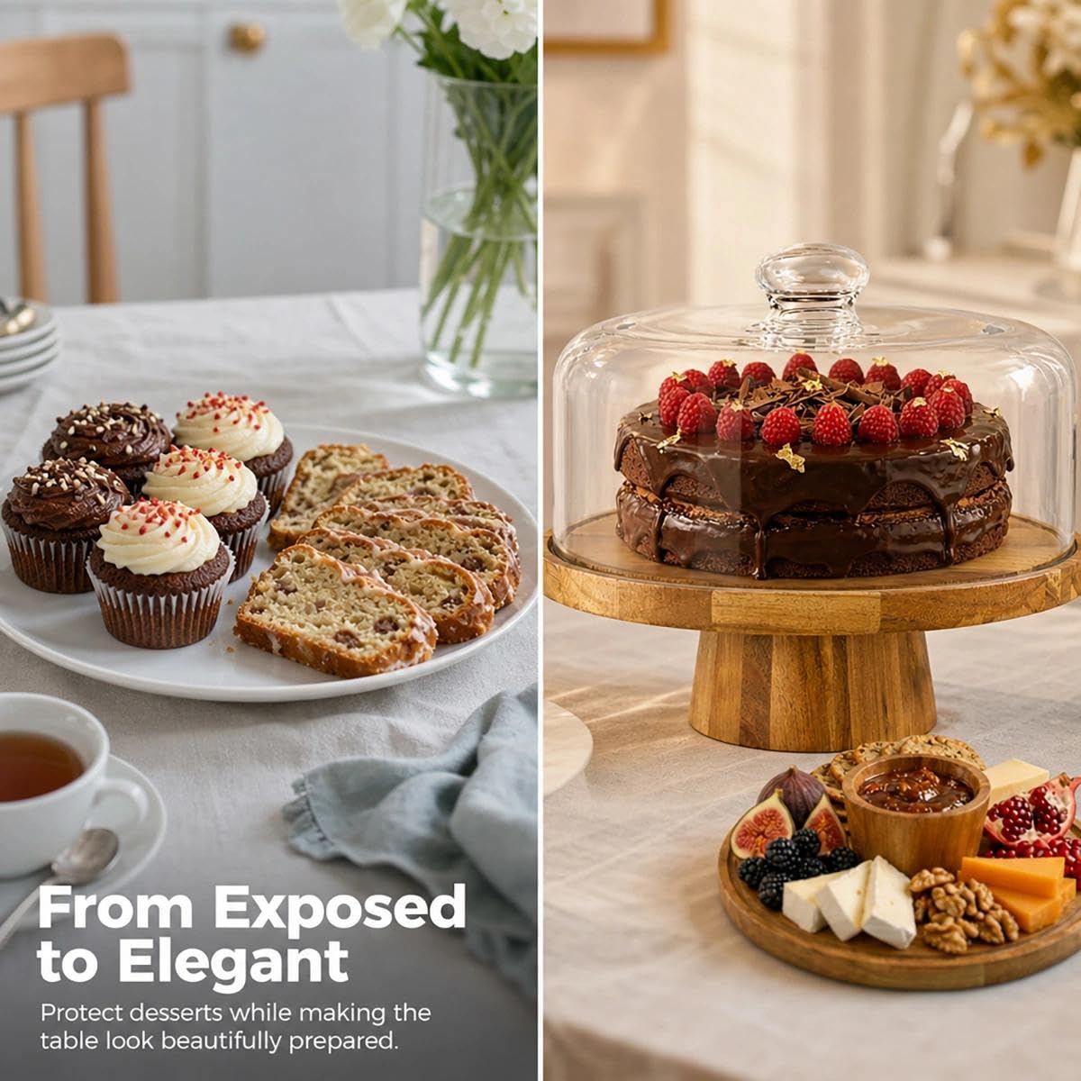 Plateau à gâteau avec couvercle, plateau à gâteau avec pied, support à gâteau, kit de présentation de dessert 2 en 1, convient pour la famille, la cuisine, les boulangeries, les mariages et