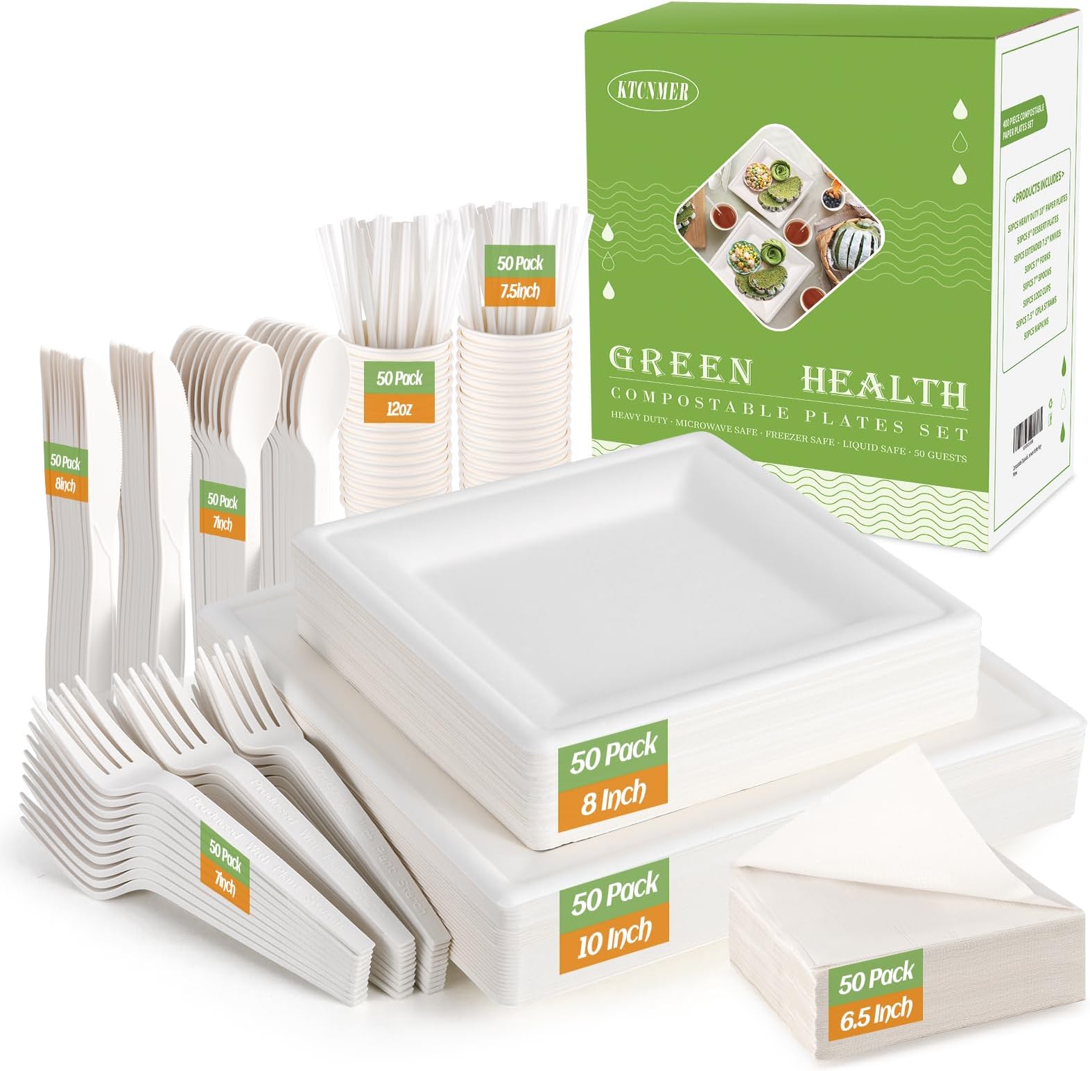 Compostable Disposable Paper Plates Set -[400 Pcs] Biodegradable Heavy Duty 10 inch Square Plates,8 inch Dessert Plates, Utensils, Cups and Napkins - Eco Friendly Dinnerware Set for Party