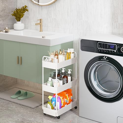 Miniatura 4 de Buzowruil Carrito de almacenamiento rodante de 3 niveles, organizador de estantería móvil, carrito utilitario con ruedas para cocina, baño,