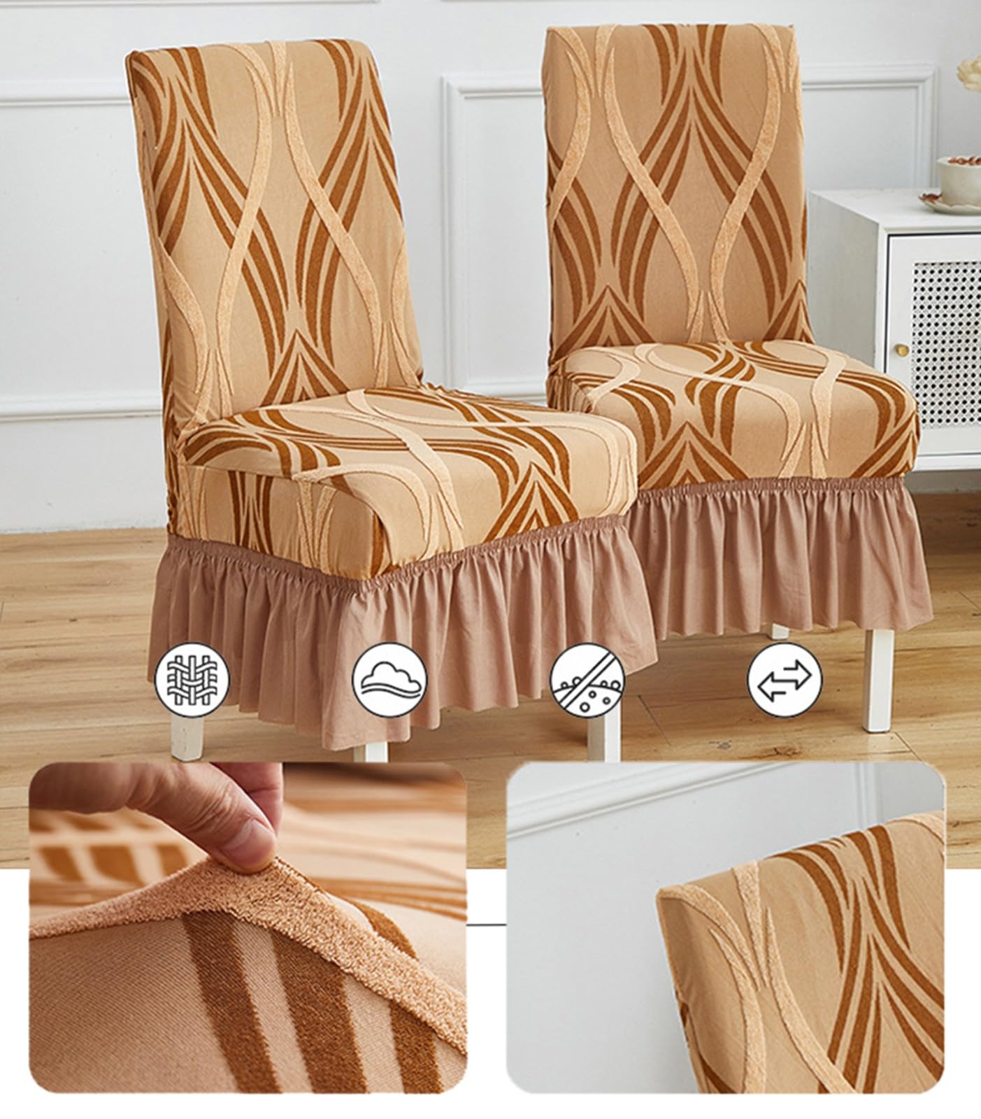 Esszimmer Stuhlhussen mit Rock,Stuhlhussen für Esszimmerstühle 2/4/6er-Set | Strapazierfähiges Abnehmbares und Waschbares Polyestergewebe mit Druckmuster,Elastischer Saum(Gray,4Pcs)