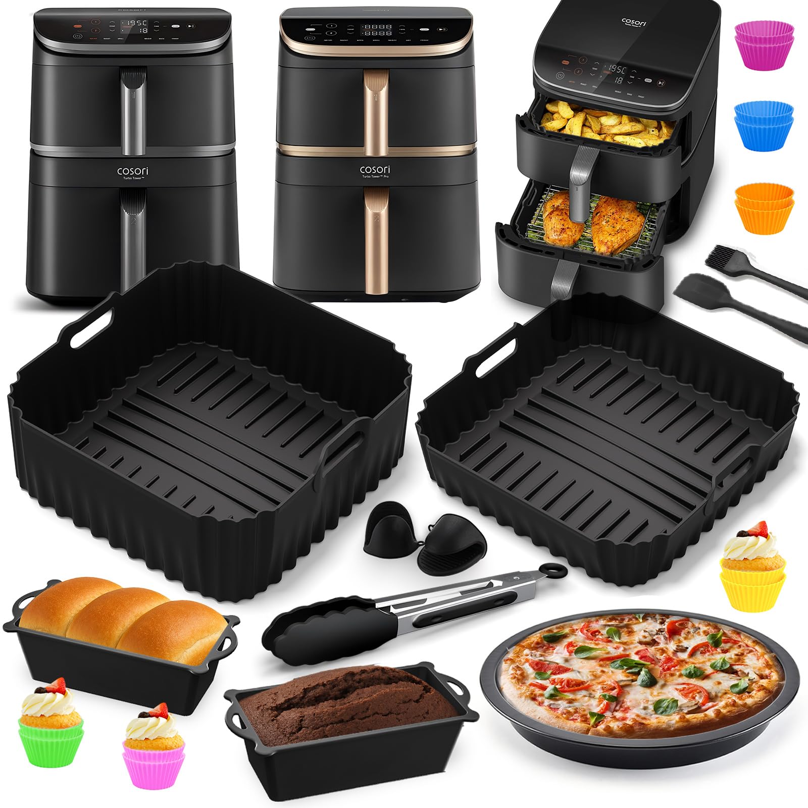 Heißluftfritteuse Zubehör für COSORI Turbo Tower Pro 2 Kammern 10,8L | Airfryer Silikonform Zubehör, Wiederverwendba Auflaufform Einsatz usw, Für COSORI 2 Korb Airfryer 10,8L (6,5L/4,3L)