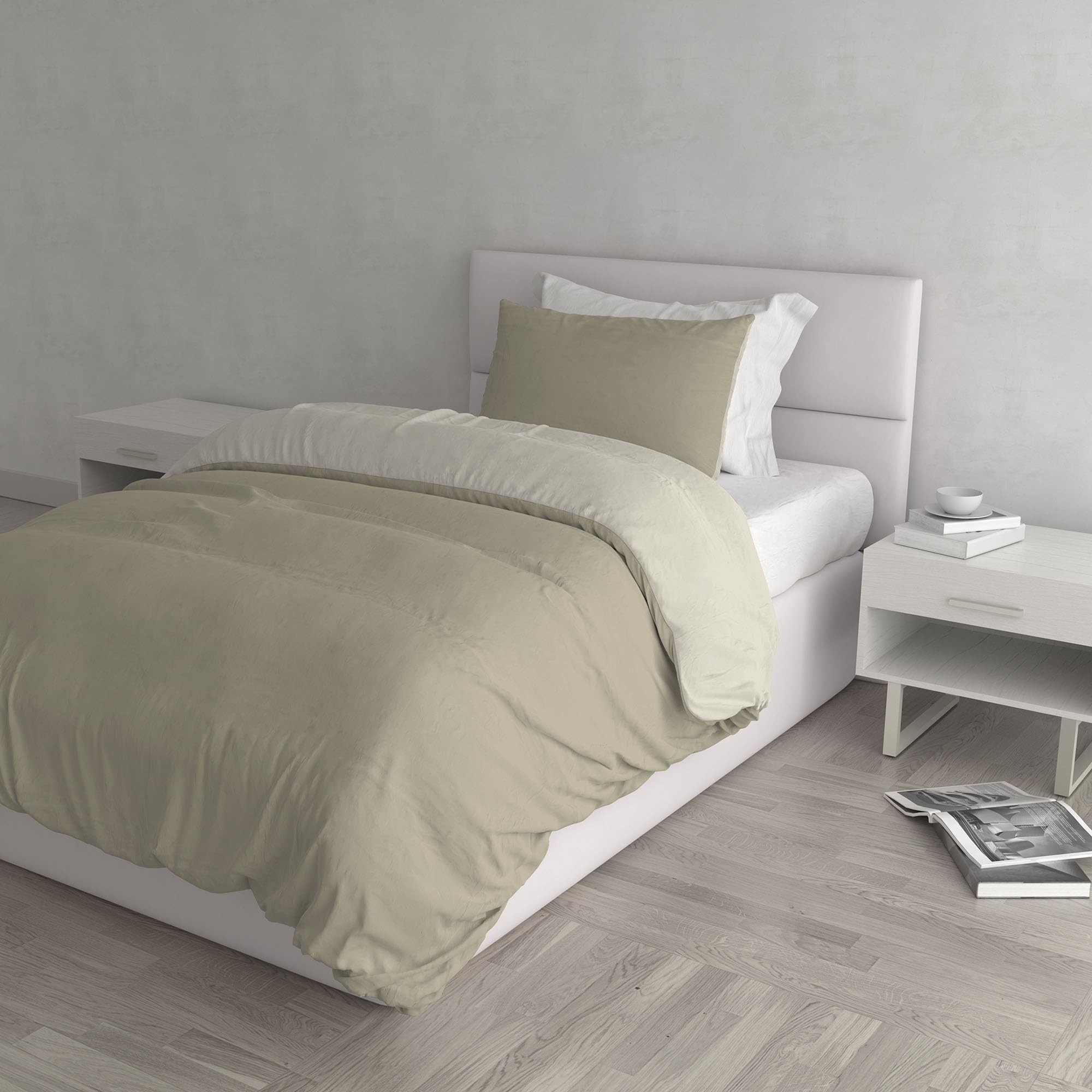 Italian Bed Linen Natural Color Duvet Cover Set with Doubleface Solid Colour Bag Sheet and Pillowcase, 100% Cotton, Dove Gray/Cream, small double