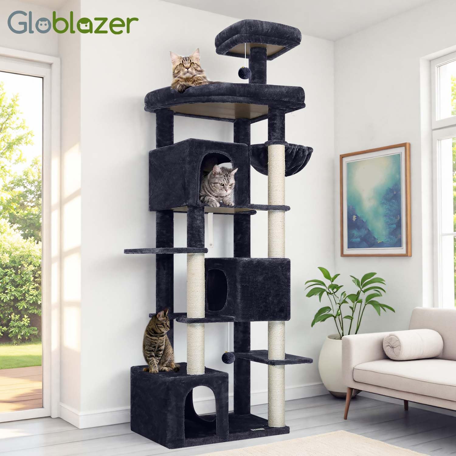 Globlazer Drapak XXL dla dużych kotów, duży wysoki 213 cm, z 2 domkami dla kotów, 45 x 55 cm, wyściełana platforma, kosz, stabilne, zabezpieczone przed przewróceniem, dla 3-5 kotów, dorosłych do
