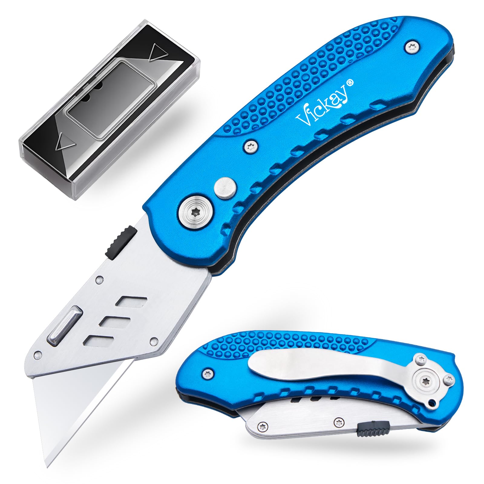 VickayFolding Utility Knife Heavy Duty Box Cutter with 5 SK5 Quick Change Blades, Safety Axis Lock Design Razor Knife, Lightweight Aluminum Body Belt Clip for Office