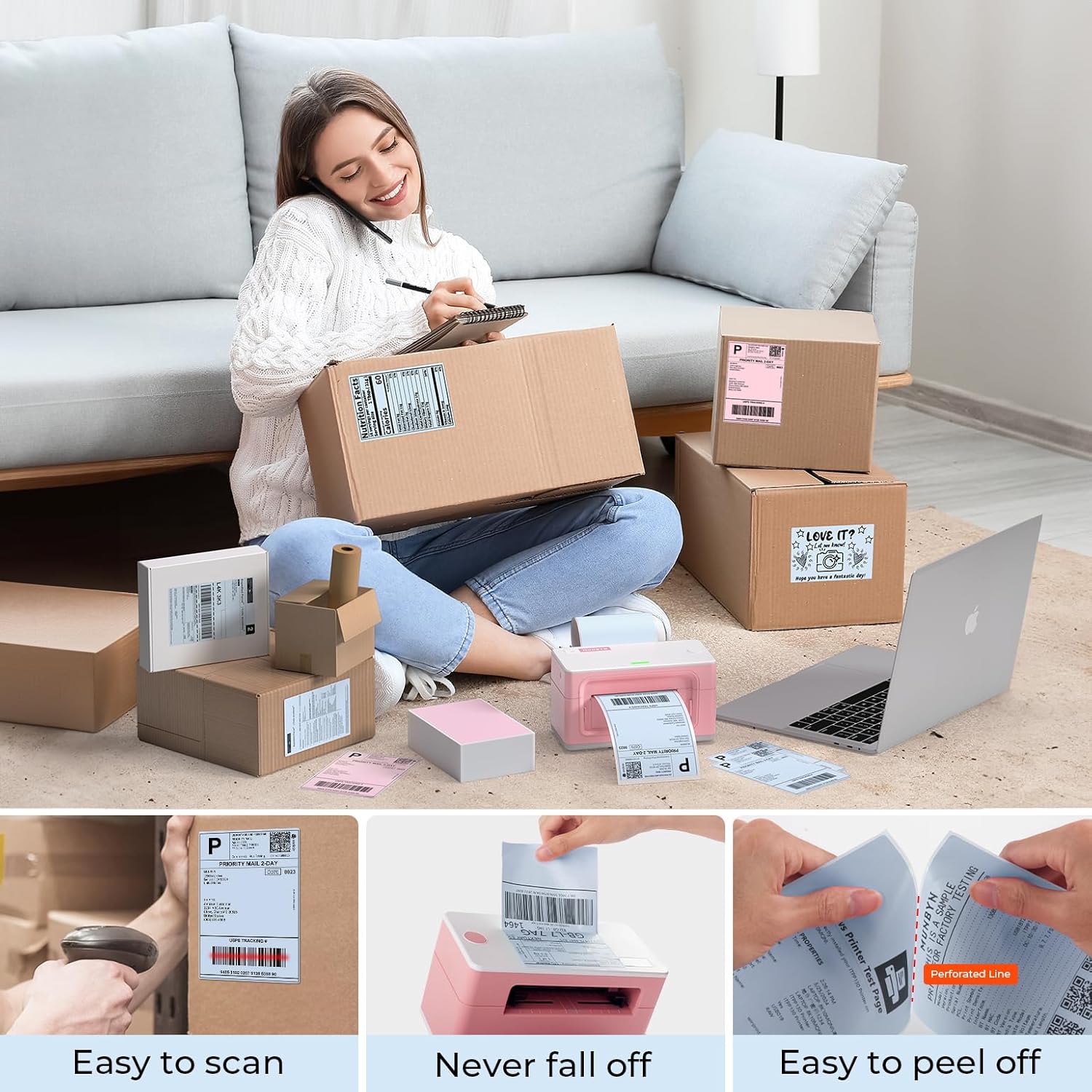 MUNBYN 4x6 Inch Blue Direct Thermal Shipping Labels, Commercial Grade Permanent Adhesive Fanfold Mailing Postage Label Paper for Thermal Printers and Packages, 500 Sheets per Stack - Image 3