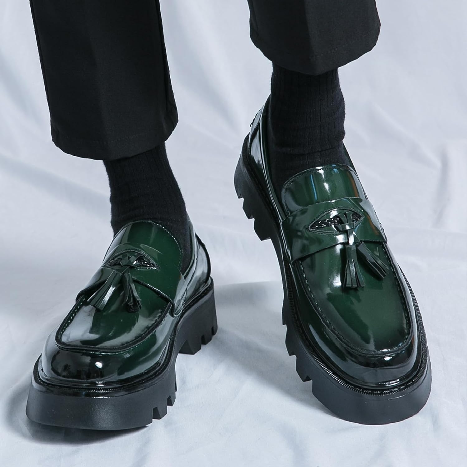 Men's Black Soft Patent Leather Platform Chunky Heel Loafers Fashion Tassel Business Casual Formal Work Shoes Non-Slip Lug Sole Slip-On Penny Loafers - Image 4