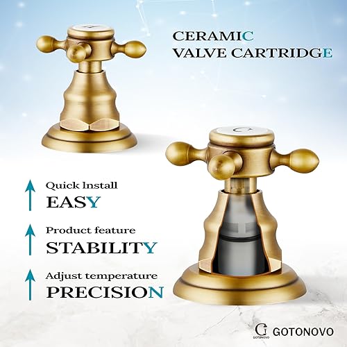 Miniatura 7 de gotonovo Pomos cruzados dobles de latón antiguo, grifo mezclador de dos manijas de 3 agujeros con desagüe emergente para fregadero de baño, montaje