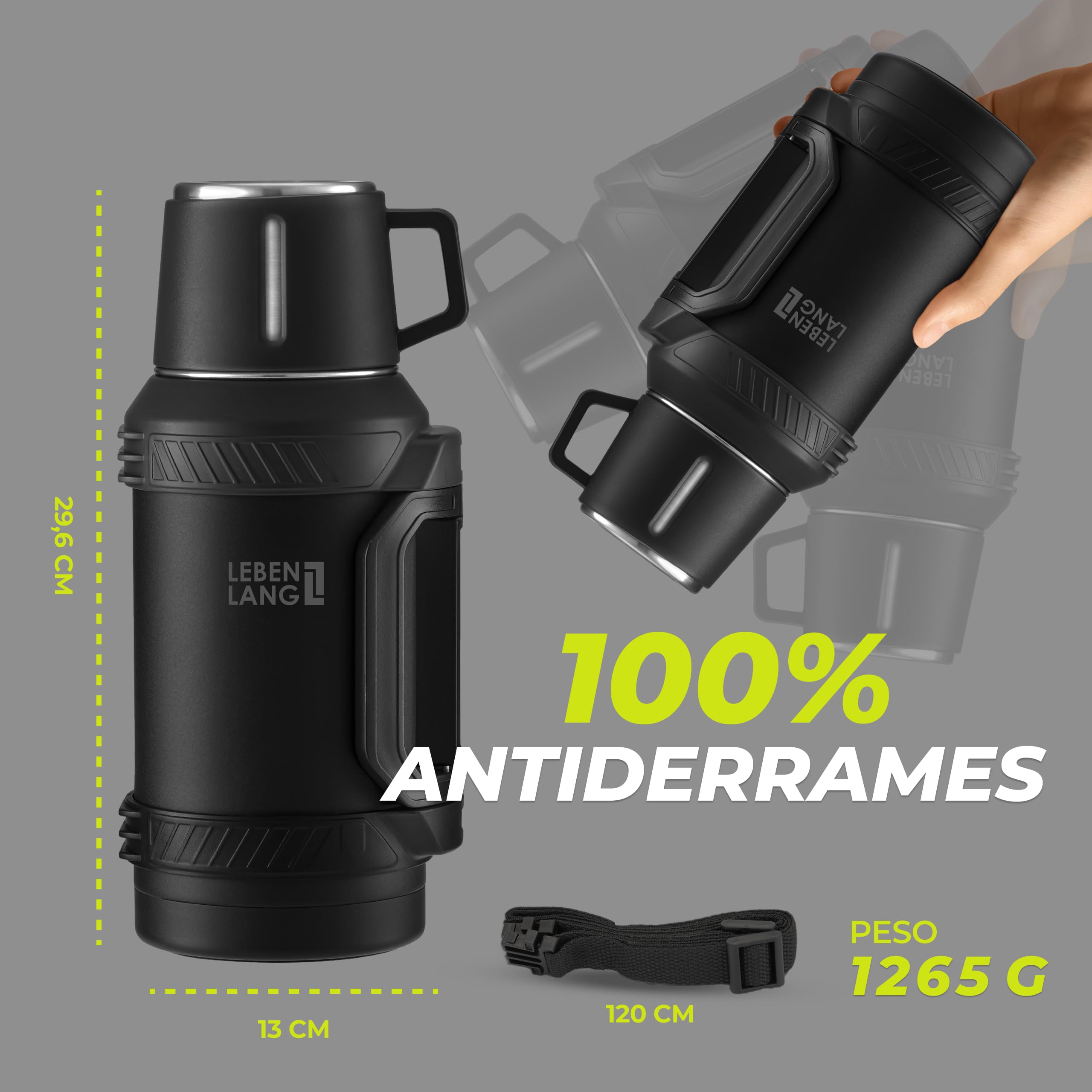 LEBENLANG Termo café de 1,5 litros - 24 horas de calor & Incl. vaso | Termos mate liquidos Botella termica fria 1 5 L montaña para cafe Thermos bottle agua calientes I filtro para té & bandolera