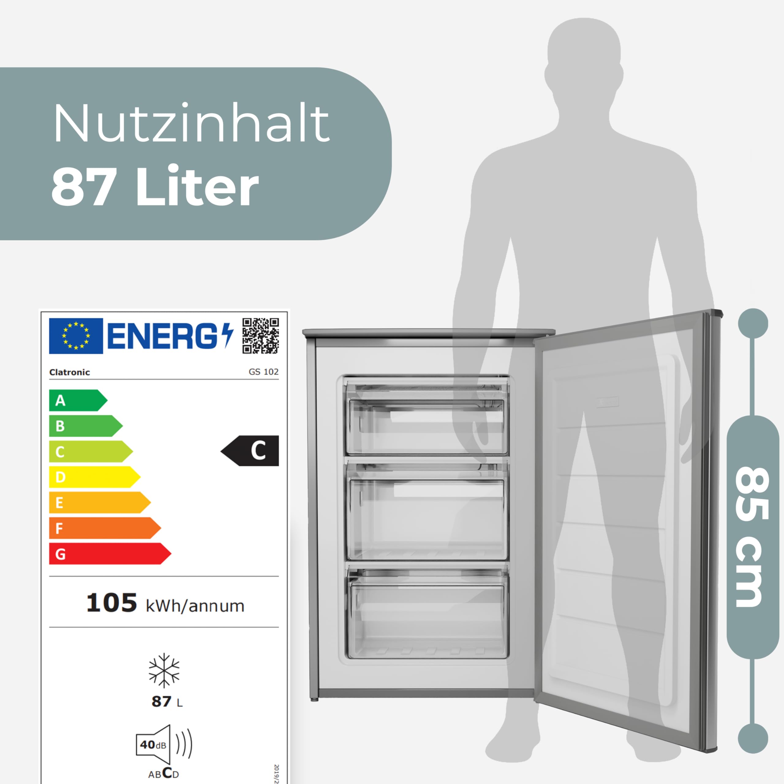 Clatronic® Gefrierschrank klein | Energieklasse C | 85cm | Tiefkühlschrank | leise 40dB | 3 Schubladen | Türanschlag wechselbar | bis zu -18°C | 87L Freezer | kleiner Gefrierschrank GS 102 inox