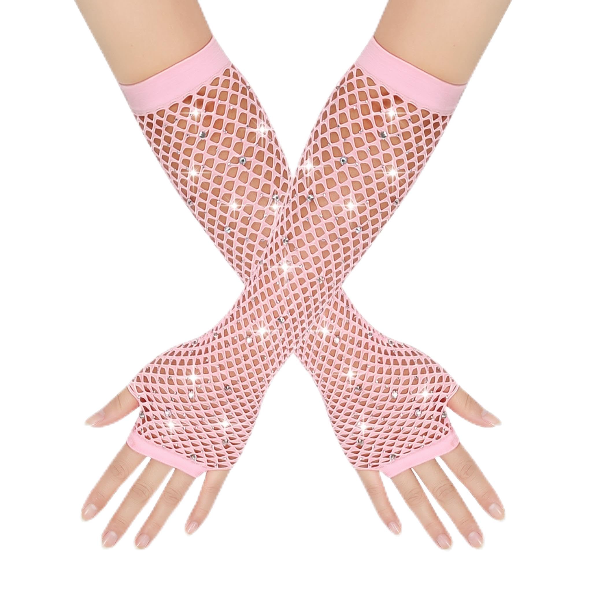 FEWOFJ Rhinestone Fingerless Fishnet Gloves 80s Costume Halloween for Women Pink