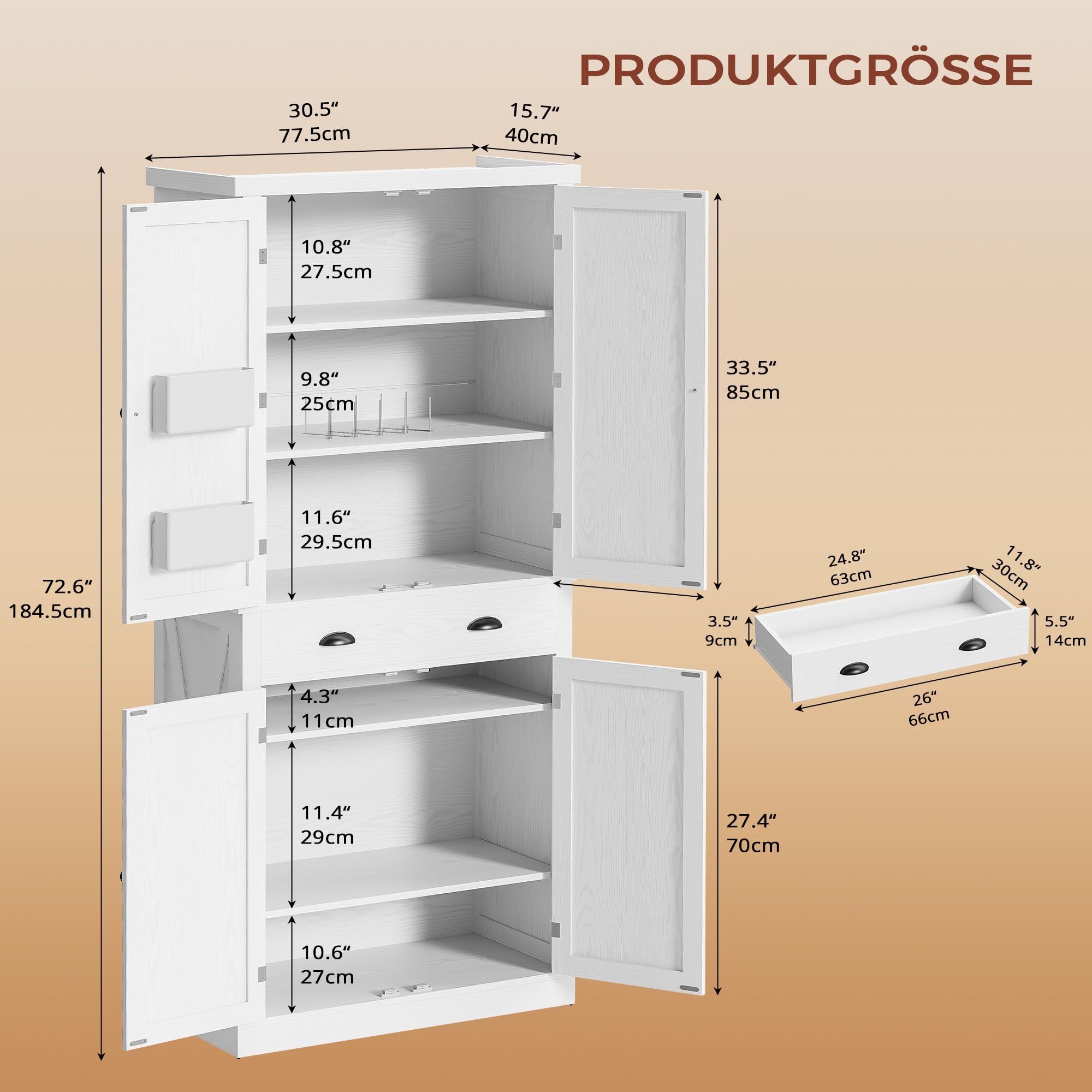 IRONCK Küchenschrank Hochschrank Mit Schubladen, 40 x 77,5 x 184,5 cm, Weiß | Aufbewahrungsschrank Mit Flügeltüren, Schublade, 3 verstellbaren Einlegeböden für Wohnzimmer Küche