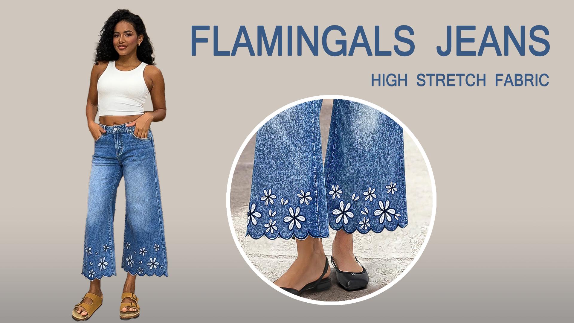 Flamingals Women's Floral Embroidery Wide Leg Jeans Mid Rise