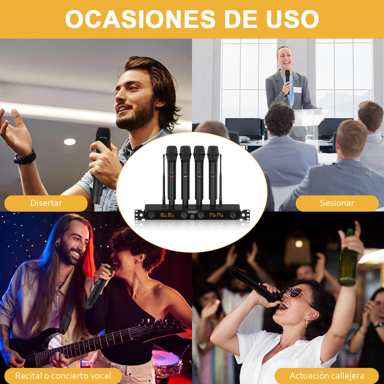 MELONARE Sistema de micrófono inalámbrico UHF Rack 4 Canales MWM-41F | 4 micrófonos de mano dinámicos, 4 x 10 frecuencias, alcance 260 ft, voces en vivo, karaoke, iglesia, DJ