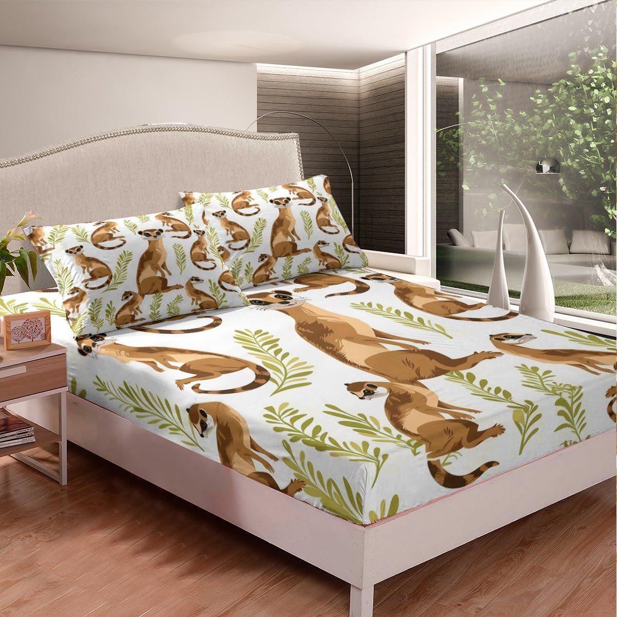 jejeloiu Cartoon Meerkat Fitted Sheet Twin Size Wild Animal Bed Sheets Set for Kids Boys Girls Decor Jungle Wildlife Tropical Leaves Nature Bedding Set Breathable Soft Lightweight Bedroom Decor 3Pcs