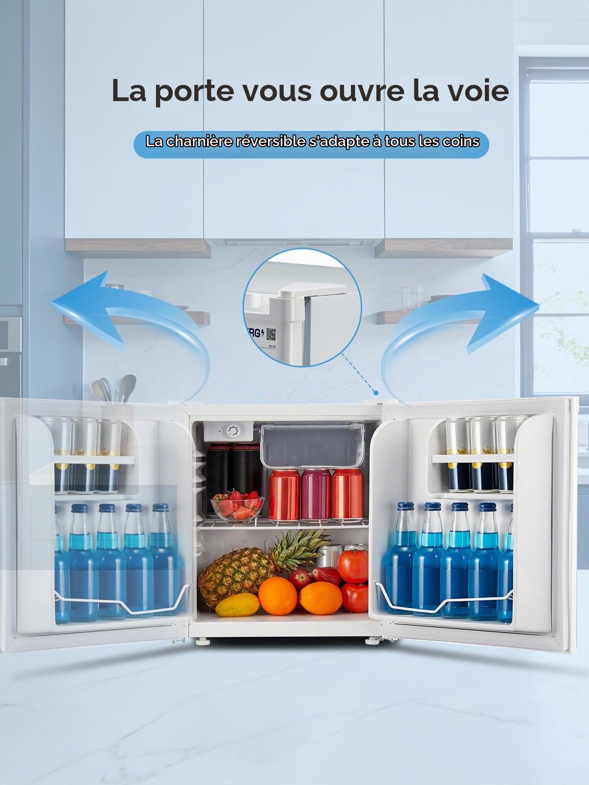 FOHERE Mini Réfrigérateur 46L, Petit Frigo Compact et Thermostat Réglable, Silencieux, Porte Réversible, Faible Consommation d'Énergie, Idéal pour Cuisines, Bureaux et Salons,Blanc
